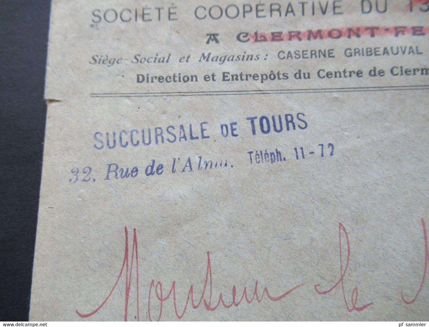 Frankreich 1923 Umschlag Societe Cooperative Du 13 Corps D'Armee A Clermont Ferrand / Succursale De Tours - Cartas & Documentos