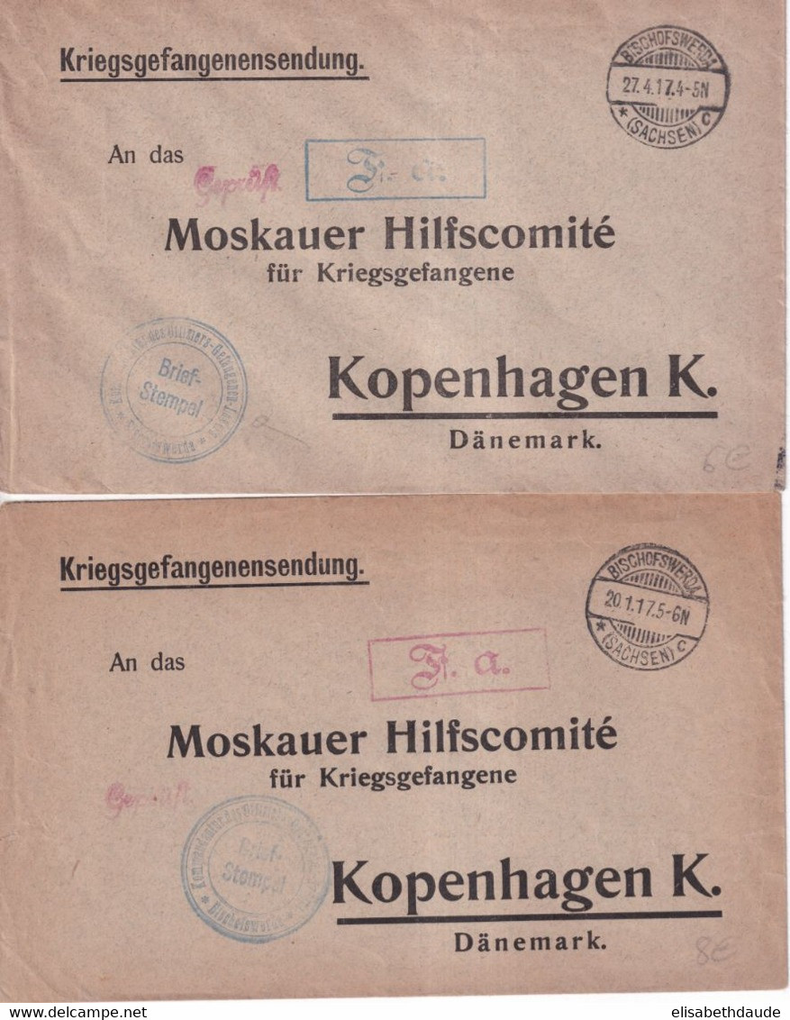 1917 - PRISONNIERS DE GUERRE RUSSES En ALLEMAGNE - 2 ENV. OFLAG De BISCHOFSWERDA IN SACHSEN => COPENHAGUE (DANMARK) - Gevangenenpost