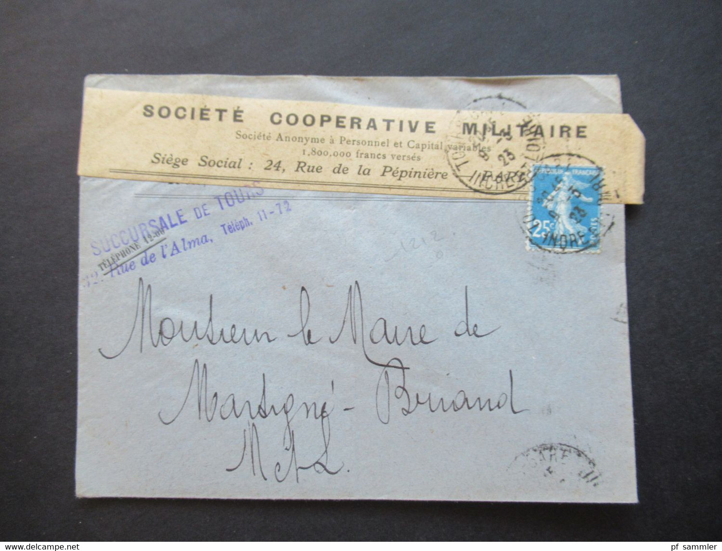 Frankreich 1923 Umschlag Mit Aufkleber Societe Cooperative Militaire / Stempel Succursale De Tours Rue De L'Alma - Briefe U. Dokumente