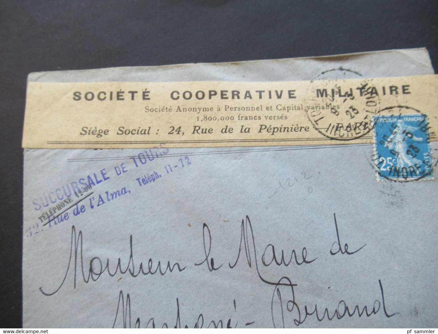 Frankreich 1923 Umschlag Mit Aufkleber Societe Cooperative Militaire / Stempel Succursale De Tours Rue De L'Alma - Brieven En Documenten