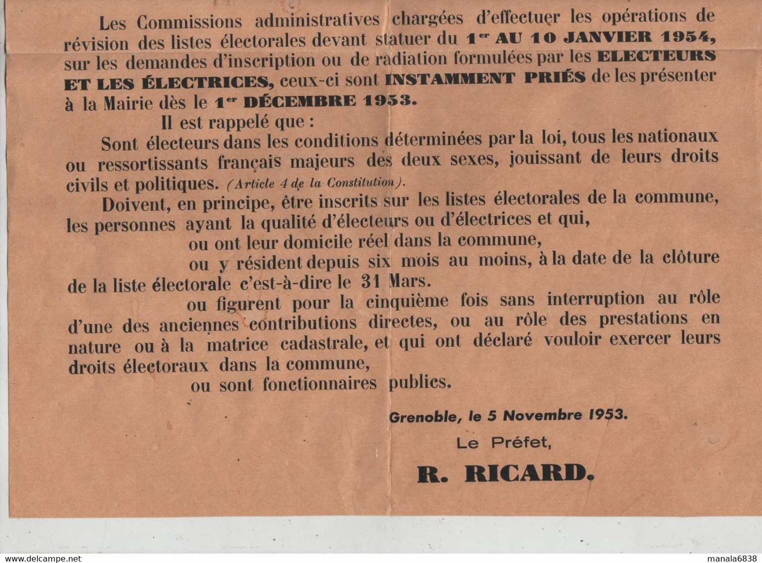 Révision Des Listes électorales En 1954 Avis Grenoble 1953 Préfet Ricard - Plakate