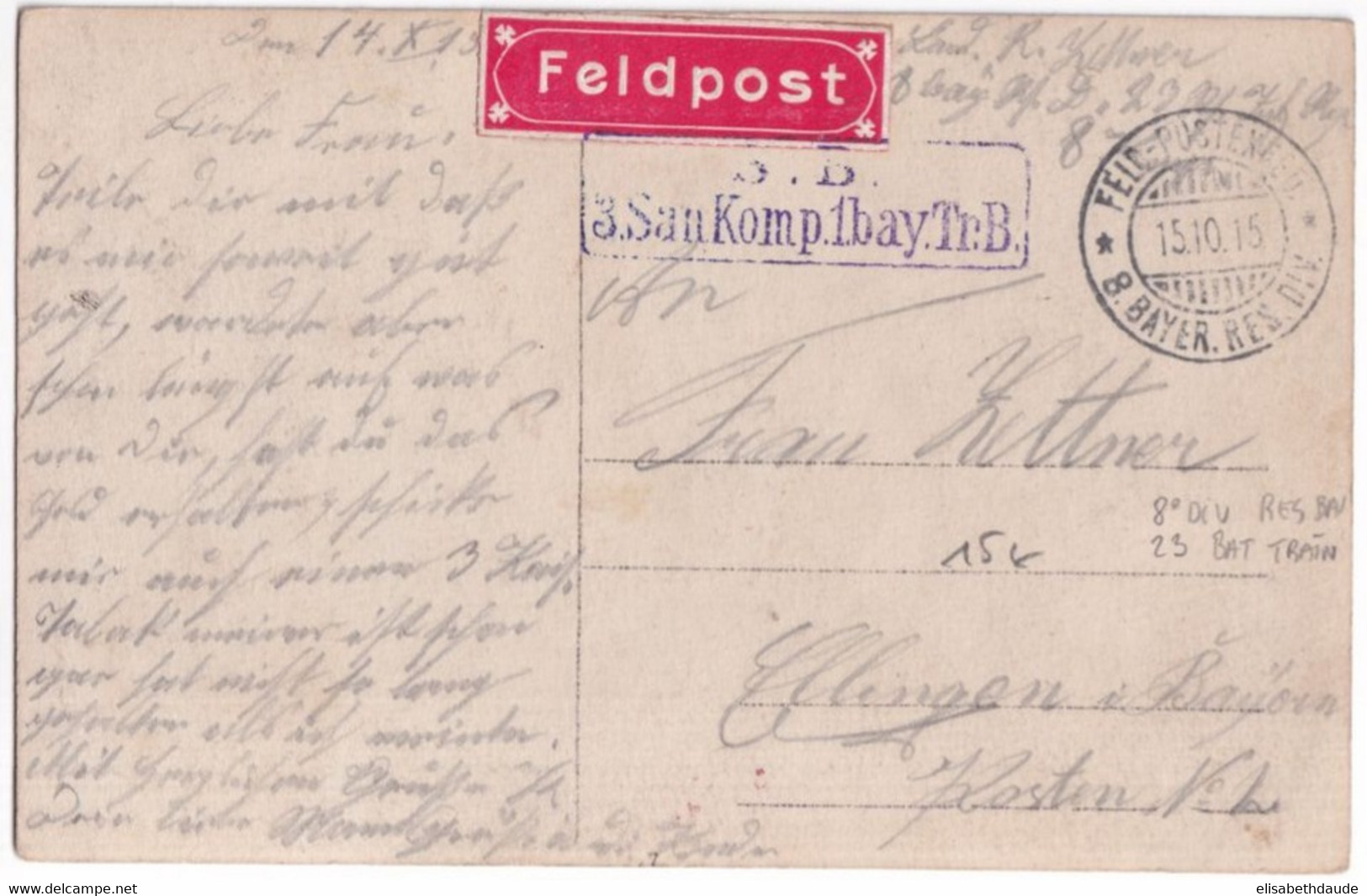 1917 - BAYERN - CARTE PHOTO ! (VOIR VERSO) FELDPOST (ETIQUETTE !) De La 8° DIVISION BAVAROISE => ELLINGEN - Feldpost (franchigia Postale)