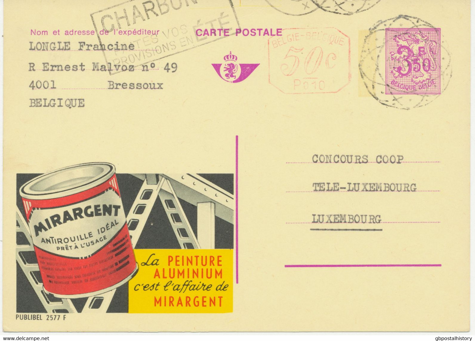 BELGIEN 1974, 50 C Neben 3,50 Fr Löwe Bildpost-GA (Mirargent) Mit Extrem Seltene Nachträgliche Entwertung BRUSSEL BALKEN - Lettres & Documents