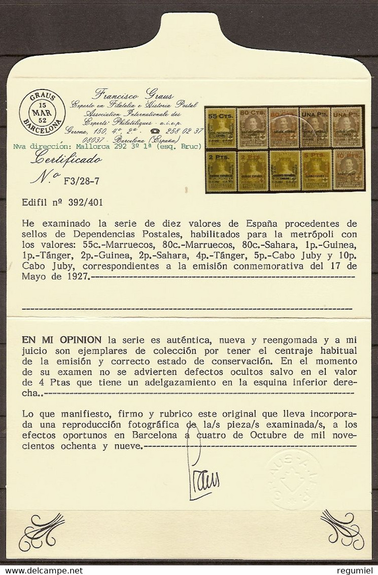 España  392/401 (**) Cruz Roja. Colonias. 1927. Reengomada. Con Certirficado - Nuevos