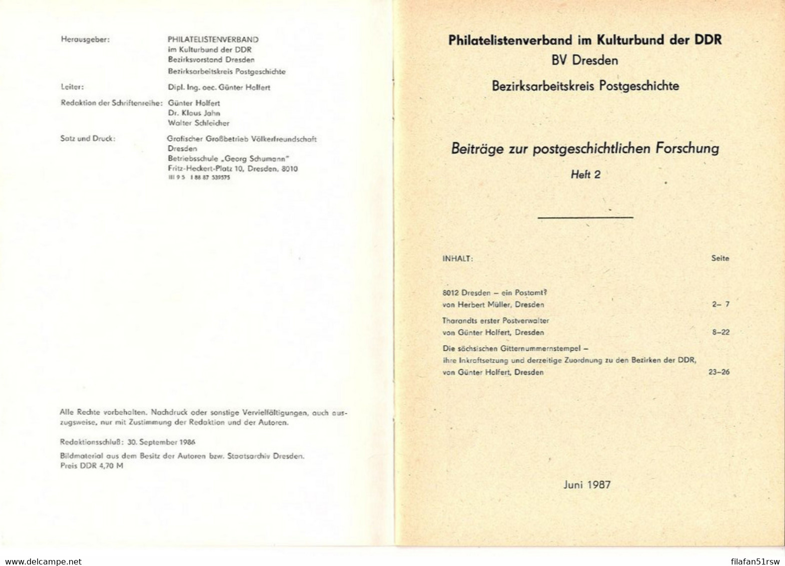 Tharandts Erster Postverwalter; Die Sächsischen Gitternummernstempel, Kulturbund Heft 2,  Günter Holfert, - Poste Militaire & Histoire Postale