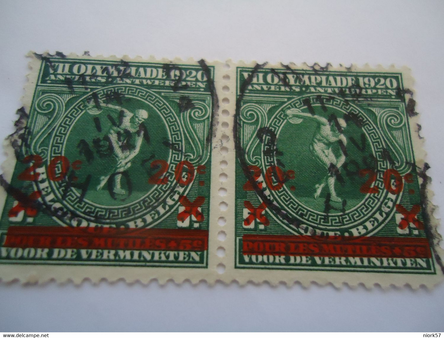 BELGIUM  PAIR   STAMPS OLYMPIC GAMES 1920  OVERBRINT  WITH POSTMARKS - Zomer 1920: Antwerpen