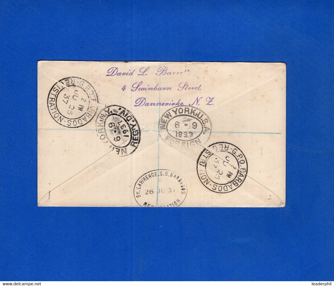 BRITISH NEW ZEALAND. 1937, REGISTERED COVER TO BARBADOS - Briefe U. Dokumente