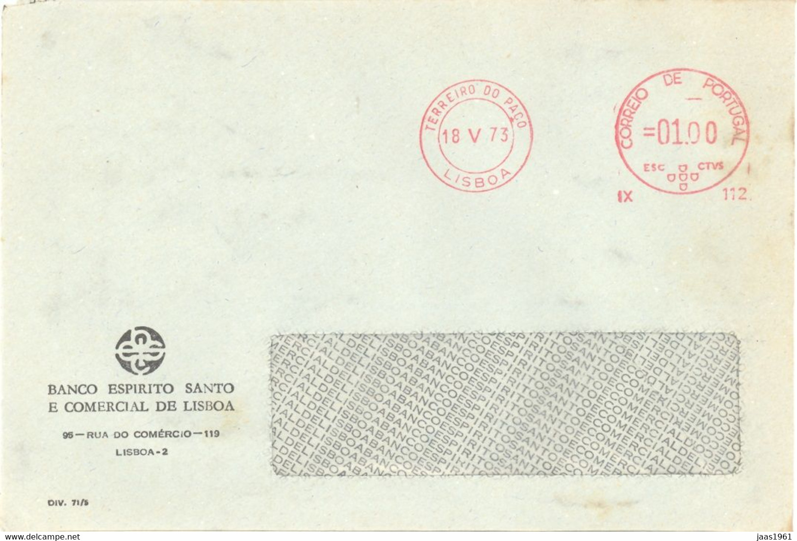 PORTUGAL. METER SLOGAN. ESPIRITO SANTO E COMERCIAL BANK. LISBOA. 1973 - Franking Machines (EMA)