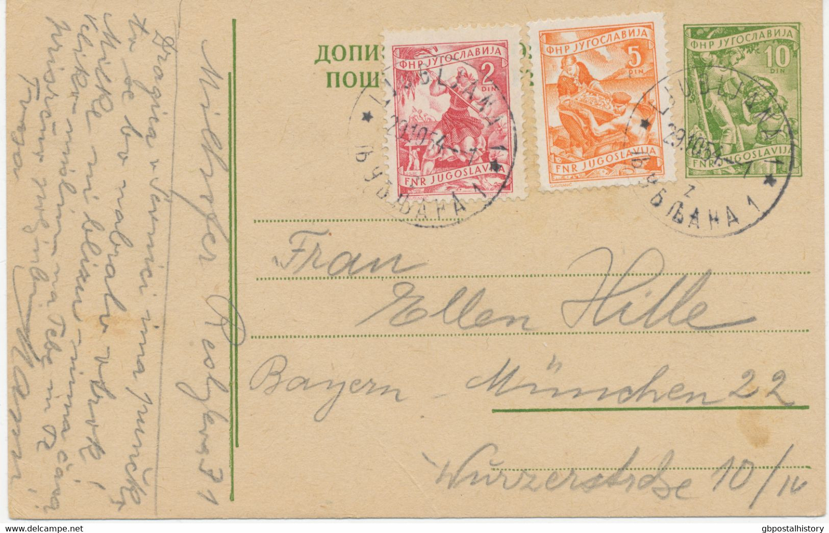 JUGOSLAWIEN 1954 10 Din Kab.-GA-Postkarte (Obstbau) M Zusatzfrankatur 2 Din (Bäuerin Mit Getreide) Und 5 Din (Fischfang) - Lettres & Documents