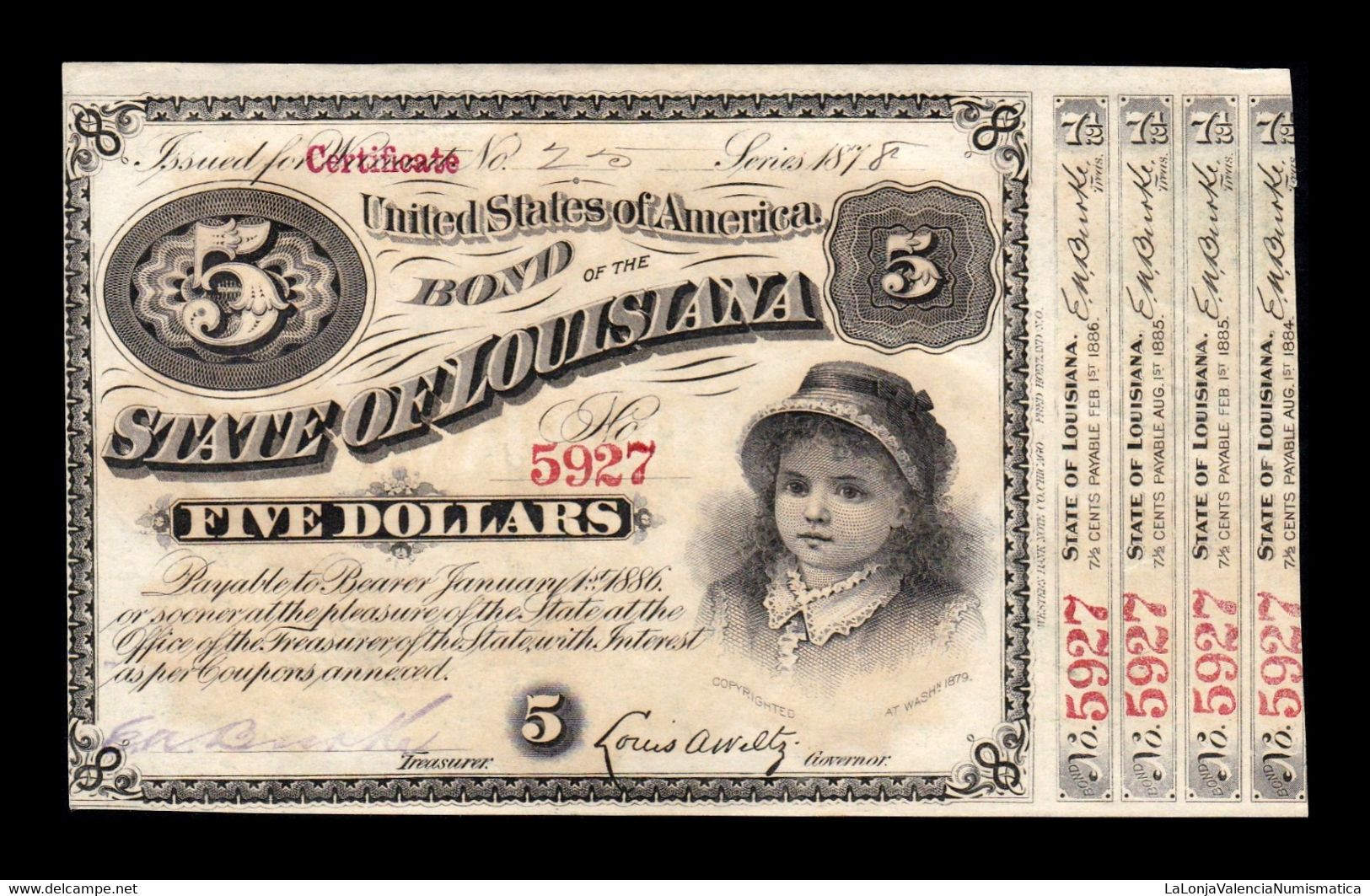 Estados Unidos United States Bono 5 Dollars 1878 State Of Louisiana SC UNC - Otros & Sin Clasificación