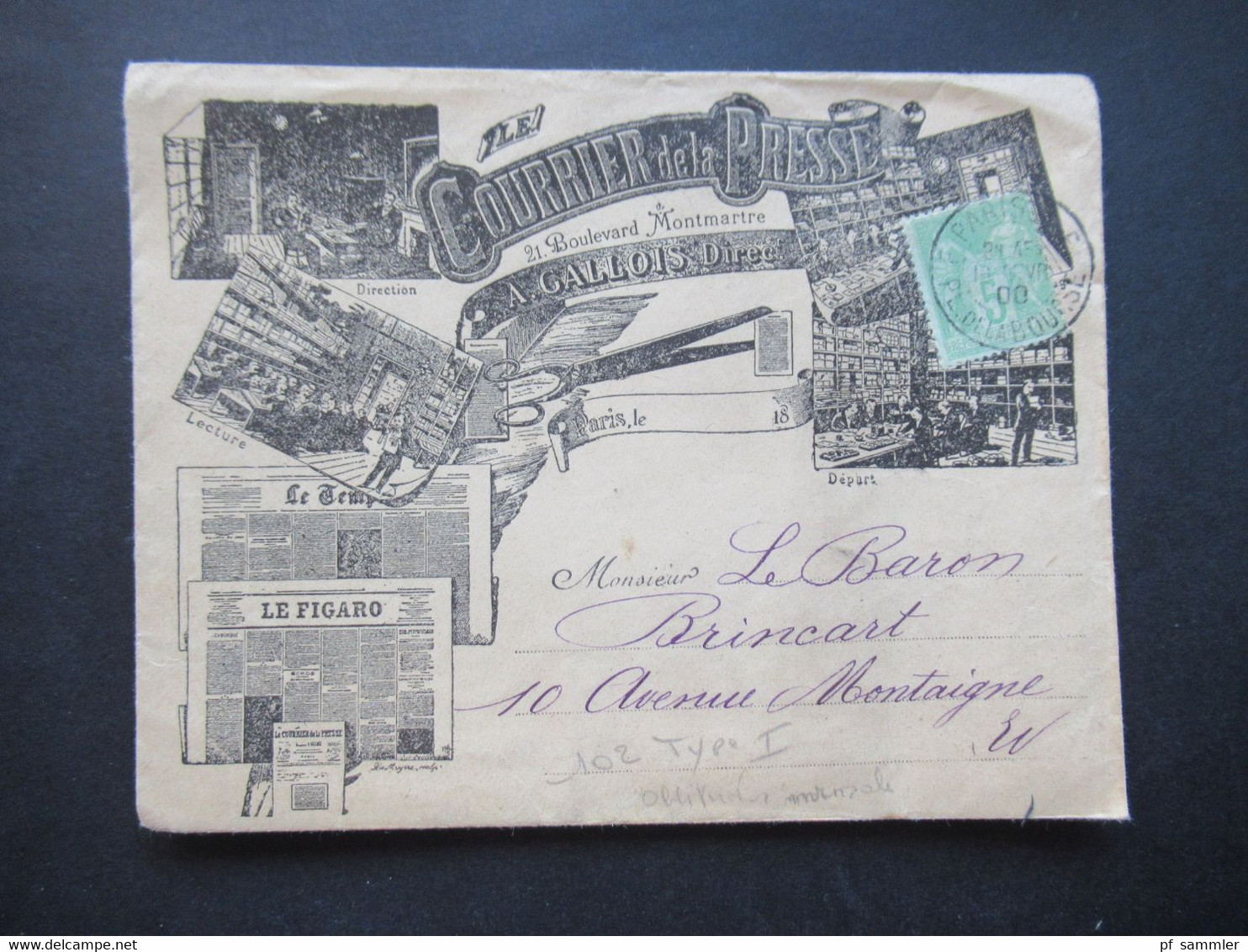 Frankreich 1900 Sage Dekorativer Umschlag Courrier De La Presse Mit Inhalt / Rechnung Stempel Paris Place De La Bourse - 1898-1900 Sage (Tipo III)