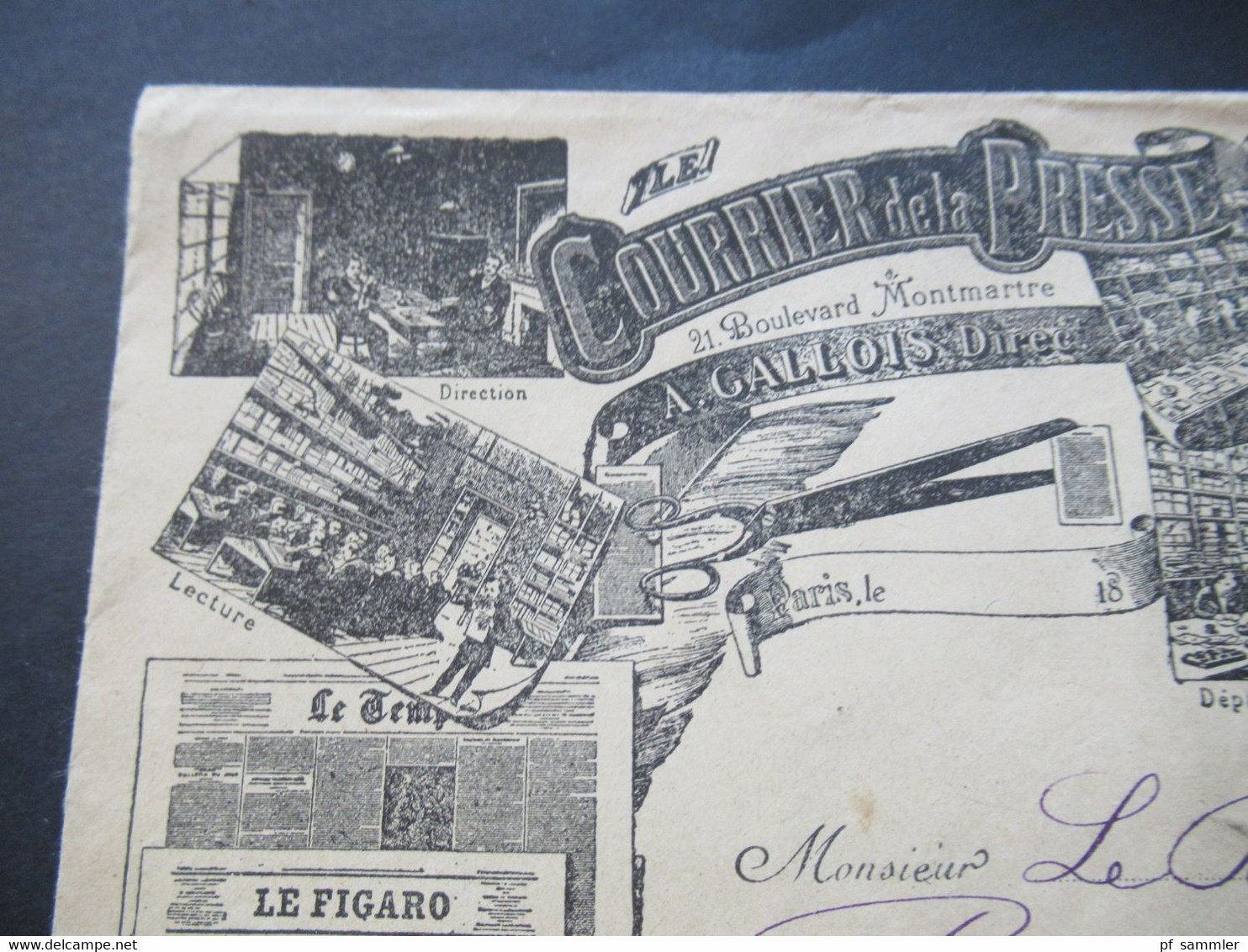 Frankreich 1900 Sage Dekorativer Umschlag Courrier De La Presse Mit Inhalt / Rechnung Stempel Paris Place De La Bourse - 1898-1900 Sage (Tipo III)