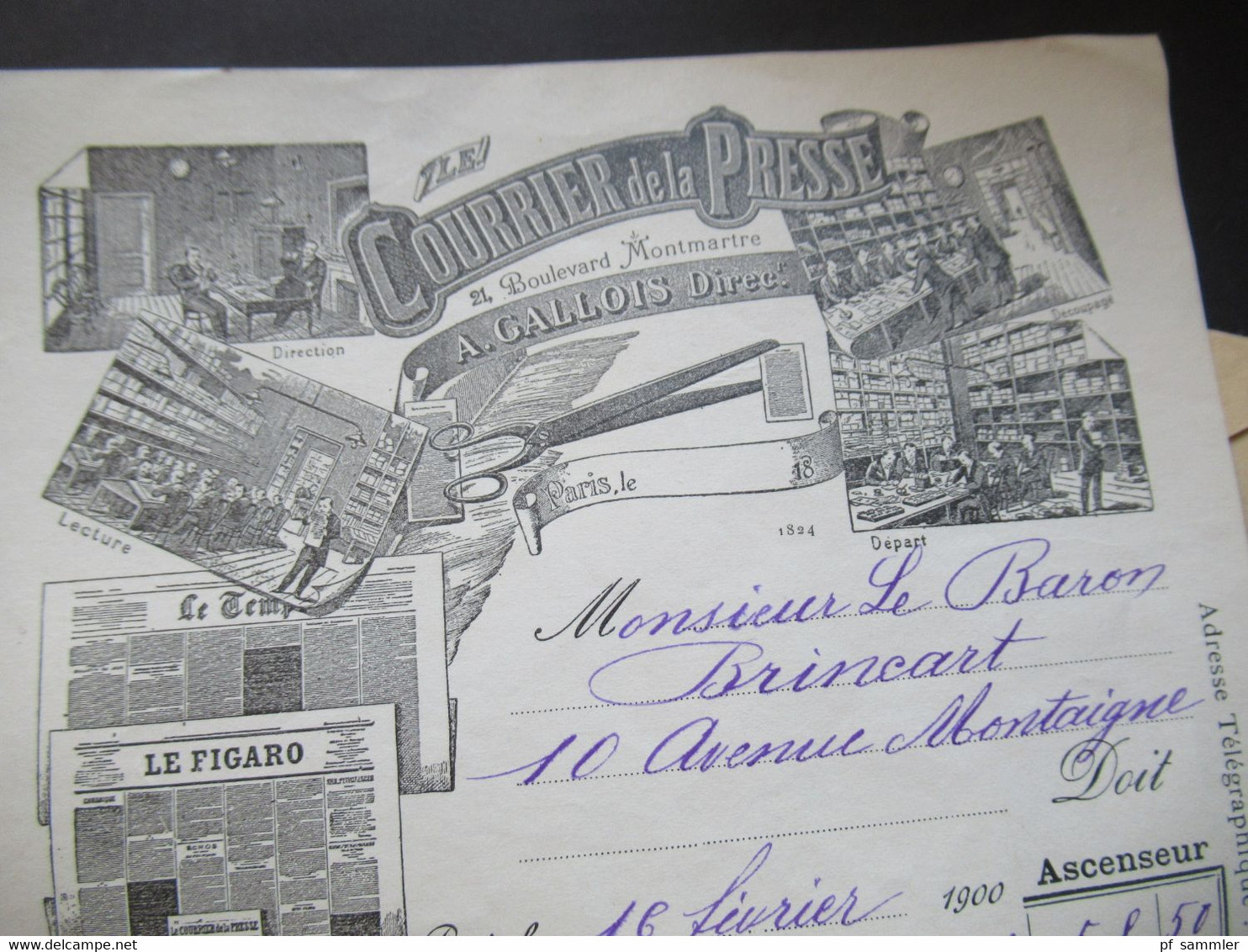 Frankreich 1900 Sage dekorativer Umschlag Courrier de la Presse mit Inhalt / Rechnung Stempel Paris Place de la Bourse