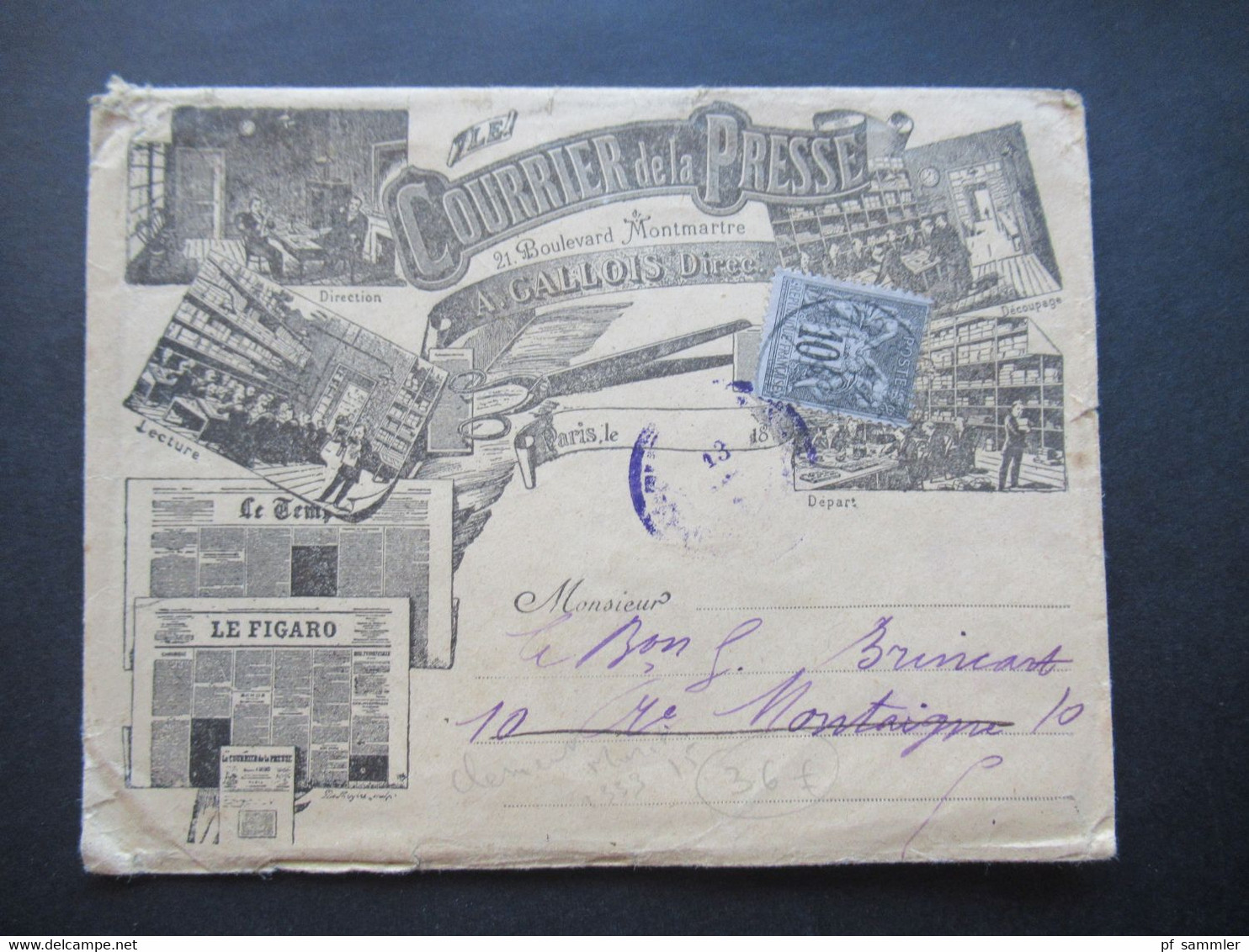 Frankreich 1899 Sage Dekorativer Umschlag Courrier De La Presse 21 Boulevard Montmatre Mit Violettem Stempel - 1898-1900 Sage (Tipo III)