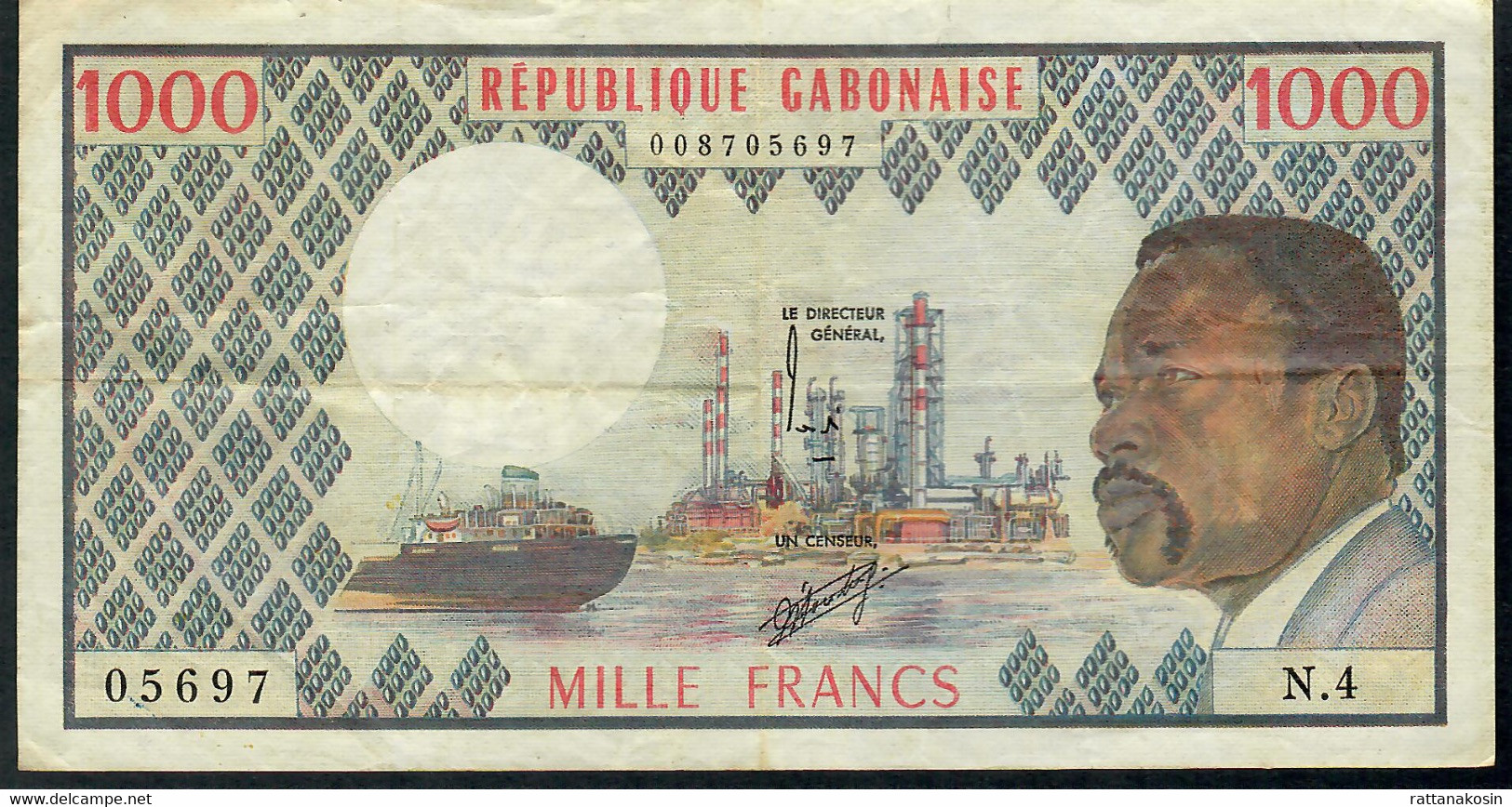 GABON P3c 1000 FRANCS  1974 Signature 2  (WMK=Antilope ) #N.4      VF - Gabon