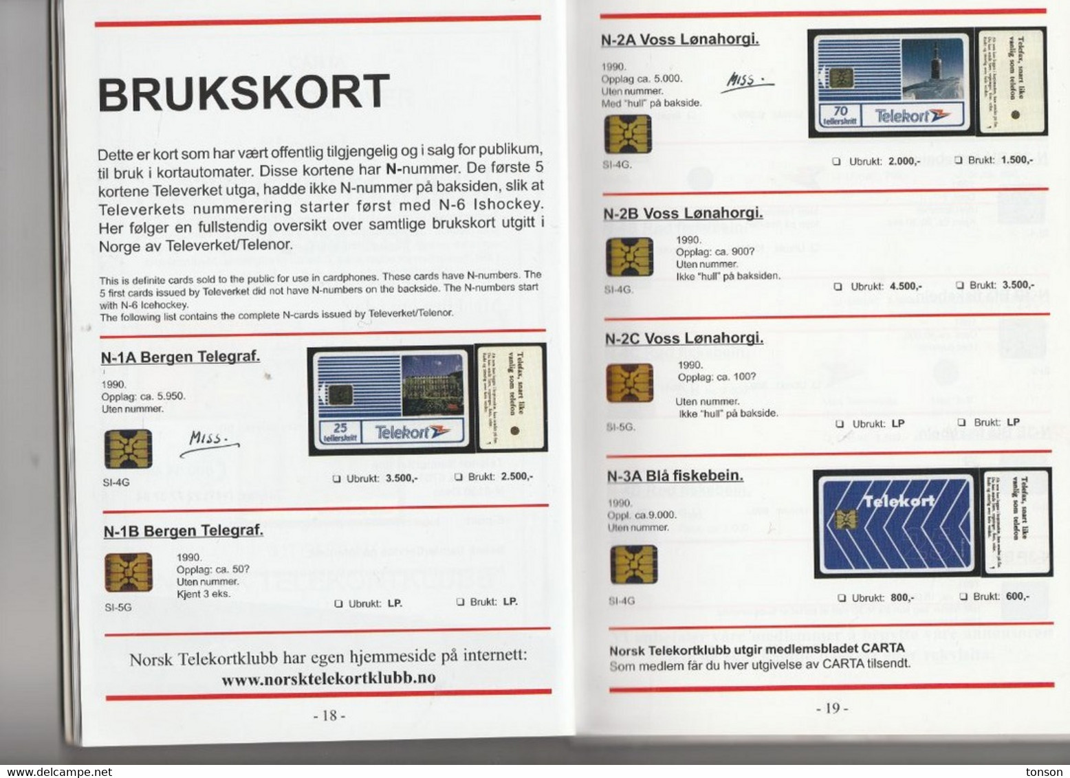 Carta Catalogue 2000 Of Norwegian Phonecards, 1984 - 2000, Part 1 + Loose Updates, 5 Scans - Zubehör