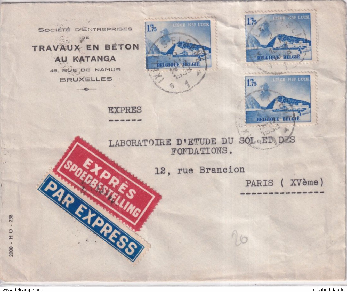 BELGIQUE - 1938 - ENVELOPPE EXPRES ! De La SOCIETE De TRAVAUX En BETON Au KATANGA ! à IXELLES => PARIS - Lettres & Documents