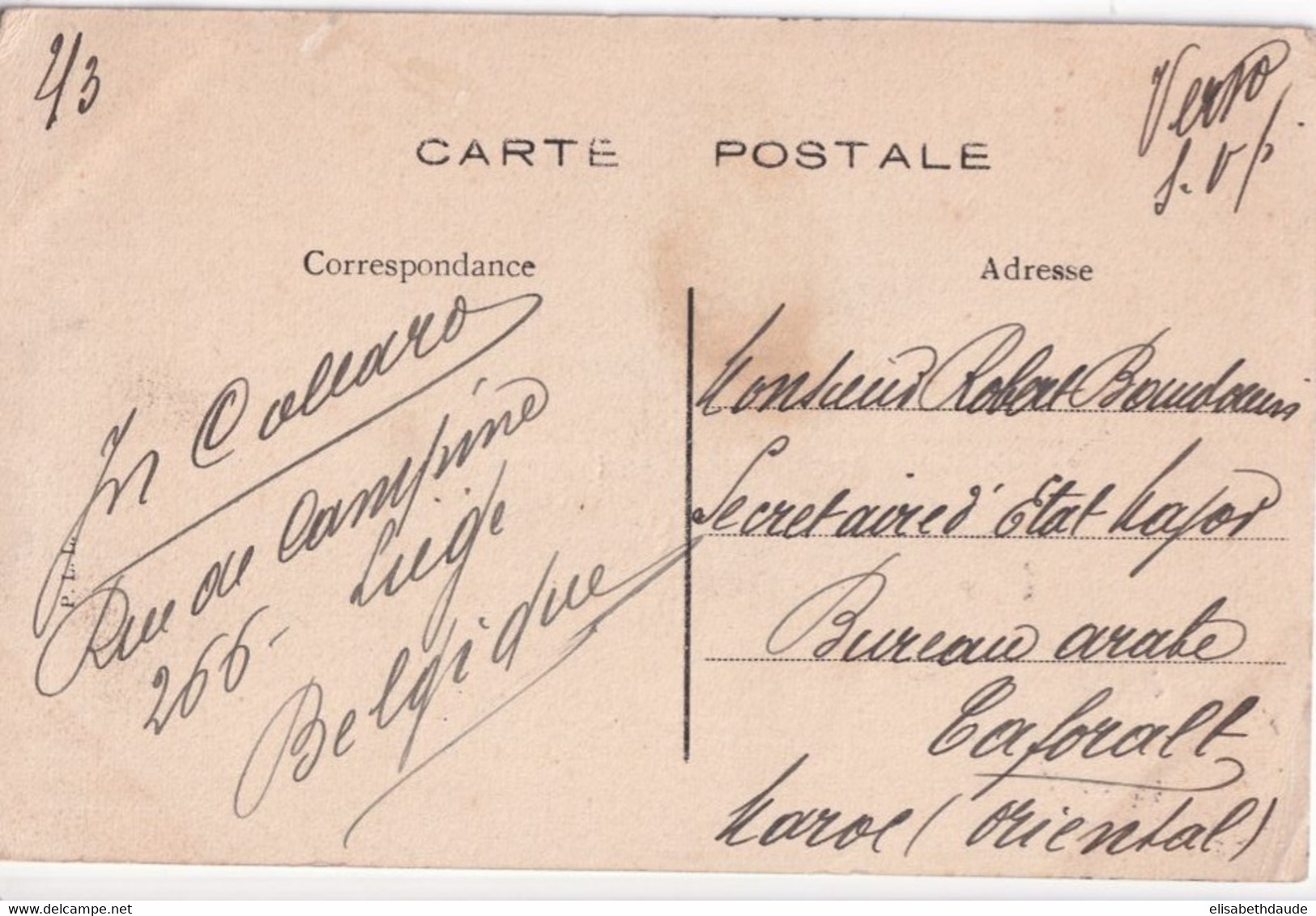 BELGIQUE - 1913 - CARTE De LIEGE => TAFORALT (BUREAU FRANCAIS AU MAROC !) - 1912 Pellens