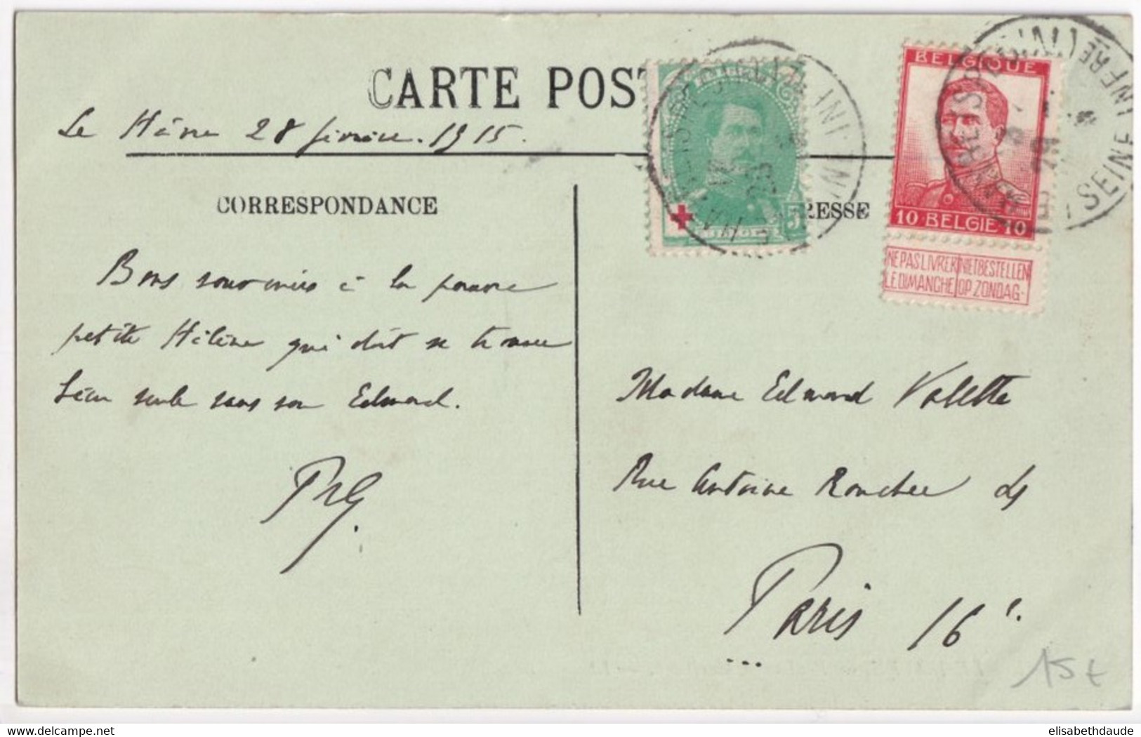 BELGIQUE - 1915 - CARTE De LE HAVRE (SPECIAL) GOUVERNEMENT BELGE En EXIL En FRANCE => PARIS - 1914-1915 Red Cross