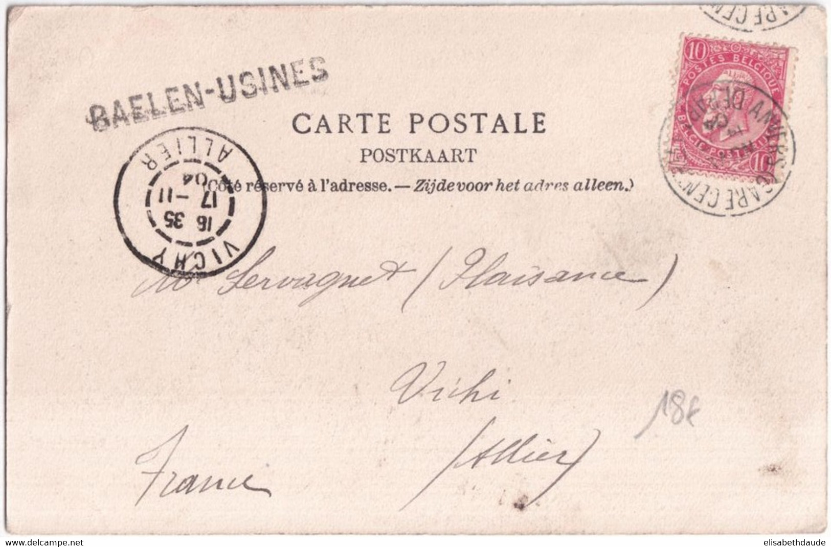 BELGIQUE - 1904 - CARTE (LIEGE) De ANVERS Avec MARQUE LINEAIRE "BAELEN-USINES" !! => FRANCE - Linear Postmarks