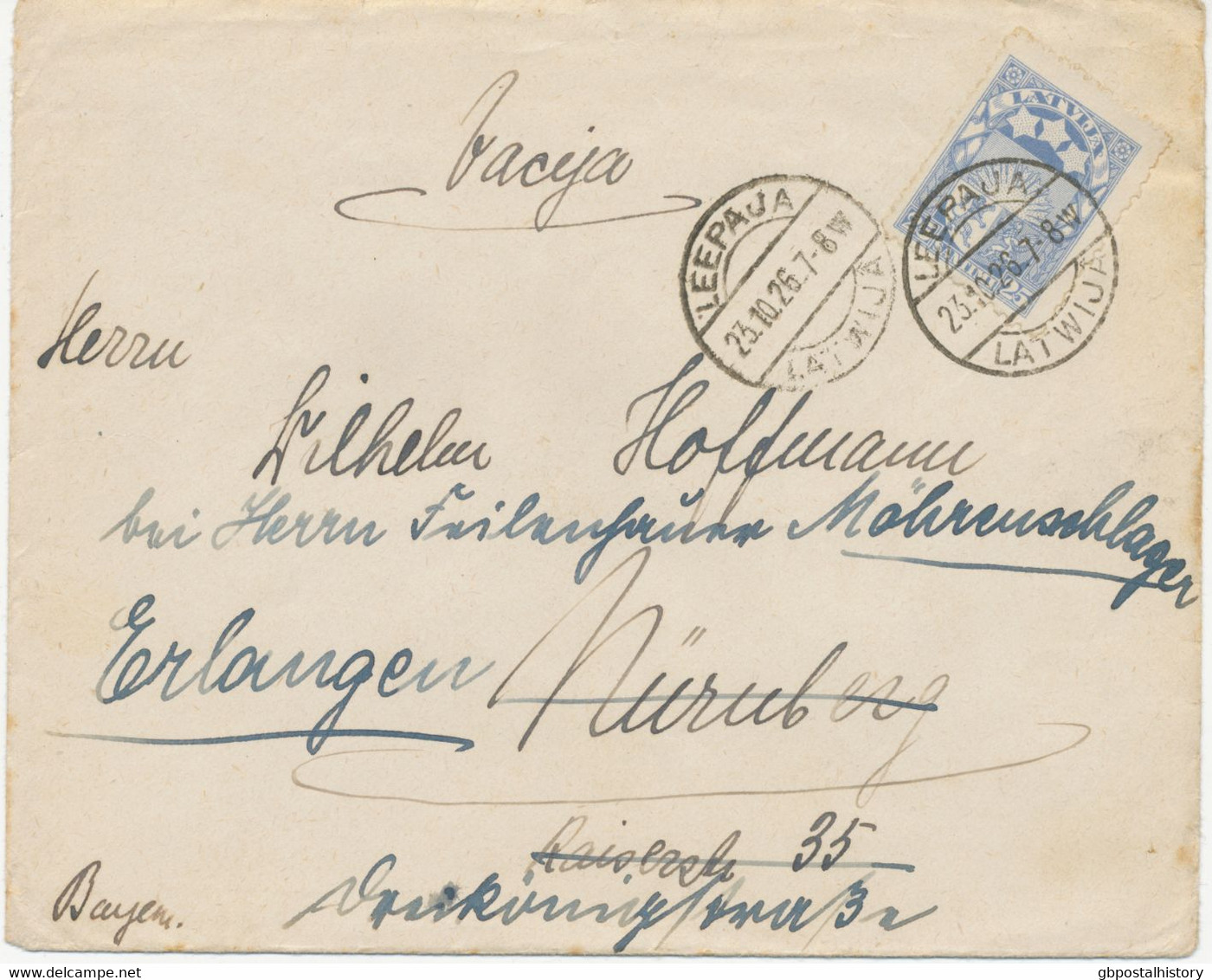 LETTLAND 1926 Wappen 25 S Ultramarin Kab.-Brief Von „LEEPAJA“ (LIBAU) Nach NÜRNBERG Von Dort Nach ERLANGEN Umgeleitet - Lettonie