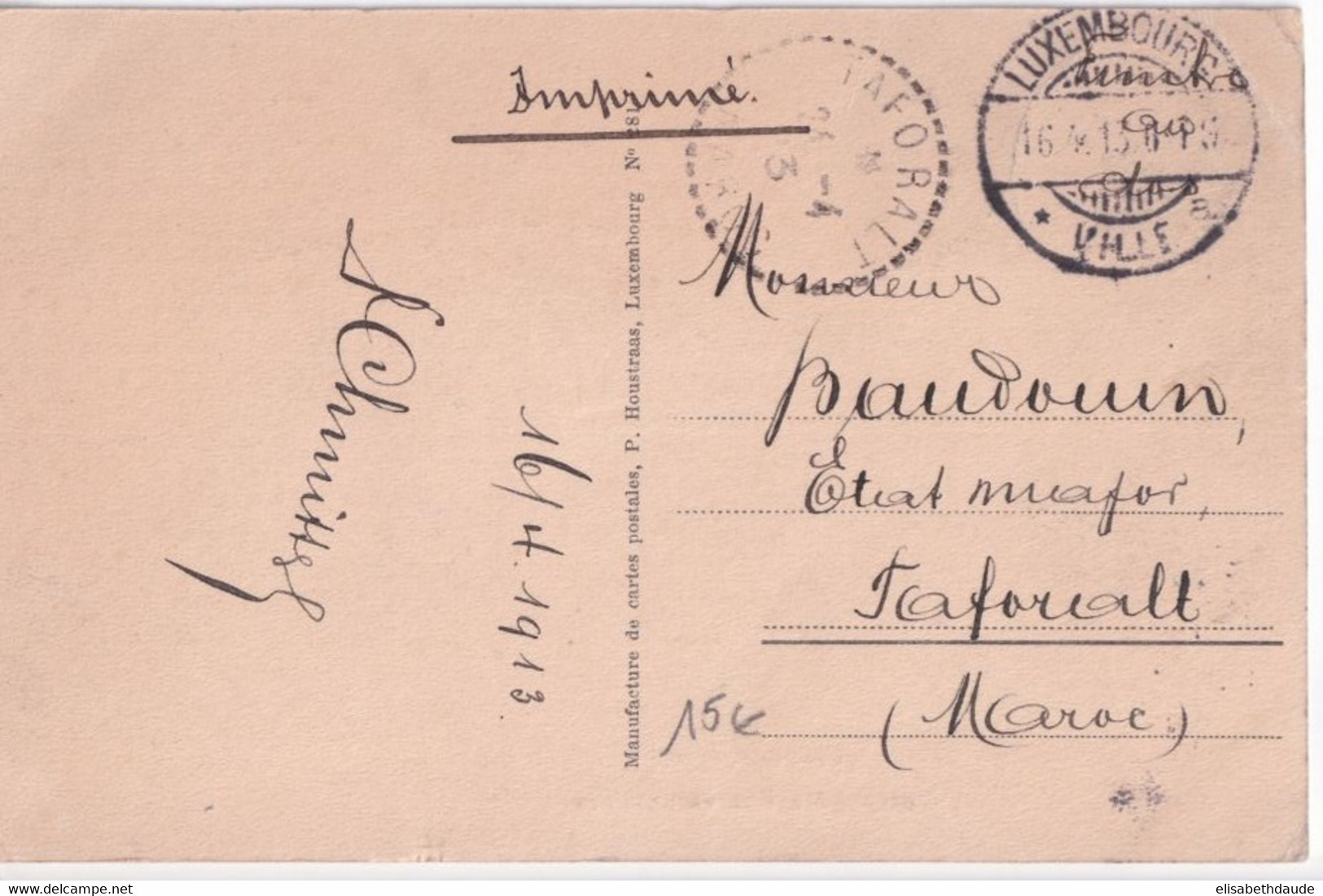 LUXEMBOURG - 1913 - CARTE => TAFORALT (BUREAU FRANCAIS AU MAROC !) - 1907-24 Coat Of Arms