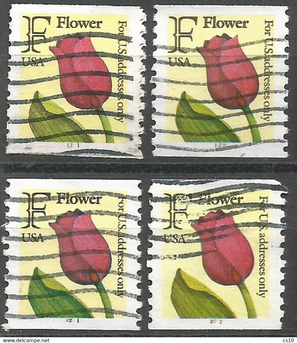 USA 1991 Tulip "F" Rate SC.#2518 Coil With 4 Different Plate Number # : 1111 - 1222 - 2211 - 2222 - Roulettes (Numéros De Planches)