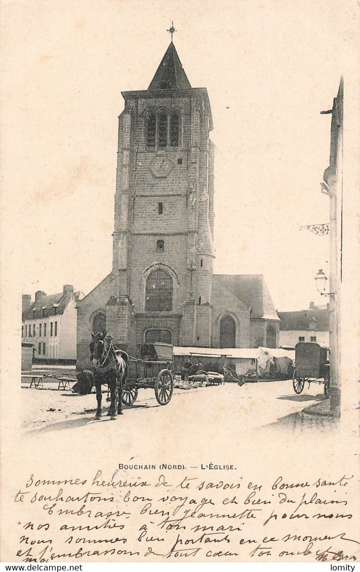 59 Bouchain église Cpa Attelage Cachet 1904 - Bouchain