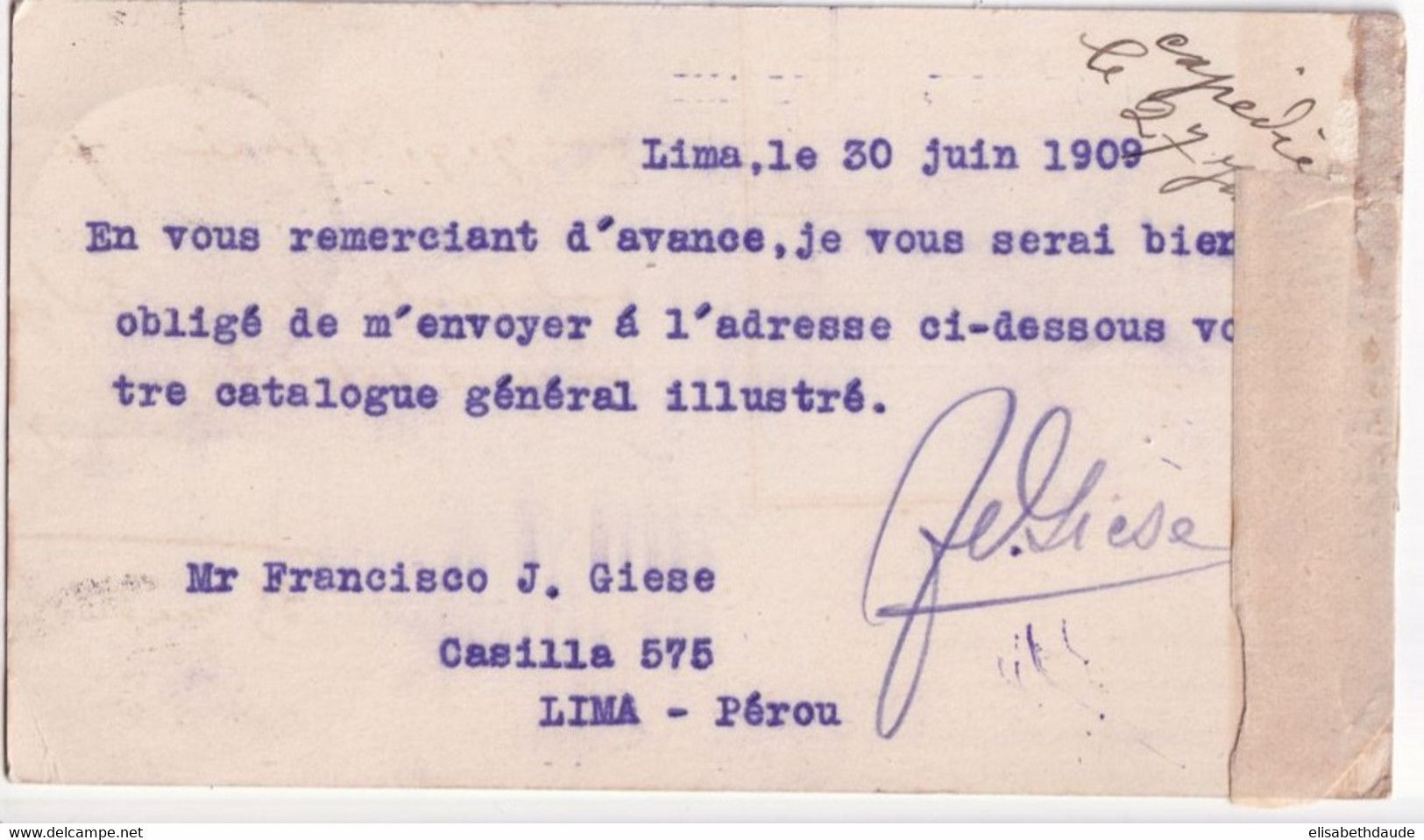 PEROU - 1909 - CARTE ENTIER De LIMA => VICHY (ALLIER) - Peru