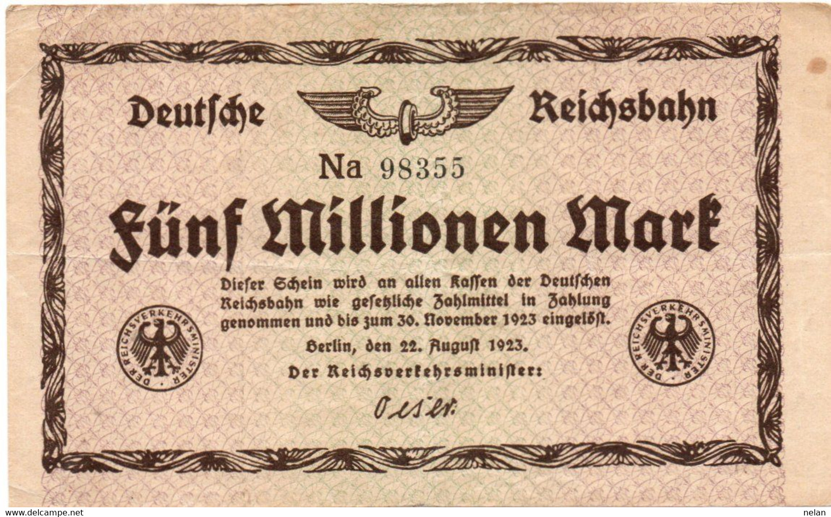 GERMANY- 5 MILLIONEN MARK 1923 - Wor:P-S1013a.2, Kel:340e.2, MüG:002.05b -  UNIFACE - VF/XF - 5 Mio. Mark