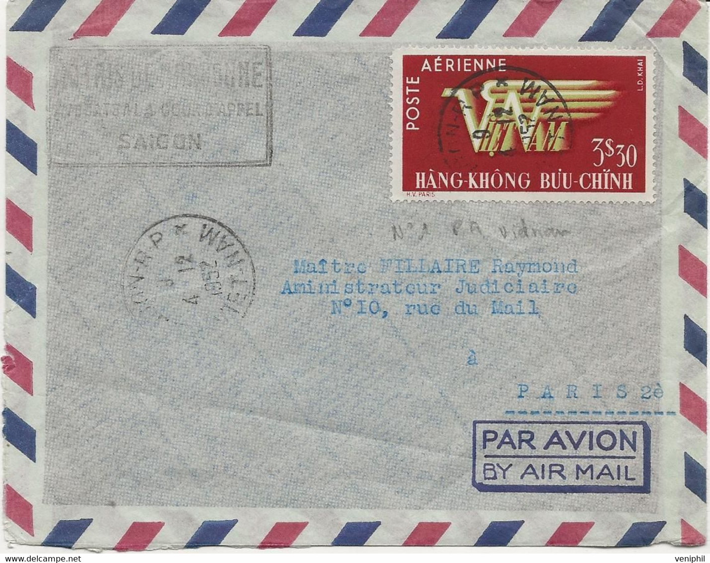 VIETNAM -POSTE AERIENNE N° 1 SUR LETTRE CAD 1952 - Viêt-Nam