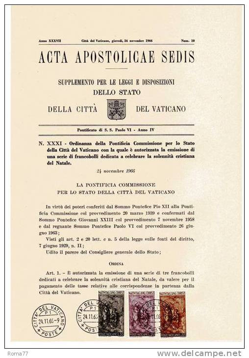 SS266 - VATICANO : Natale , Acta Apostolicae Sedis Del 24/11/1966 - Variétés & Curiosités