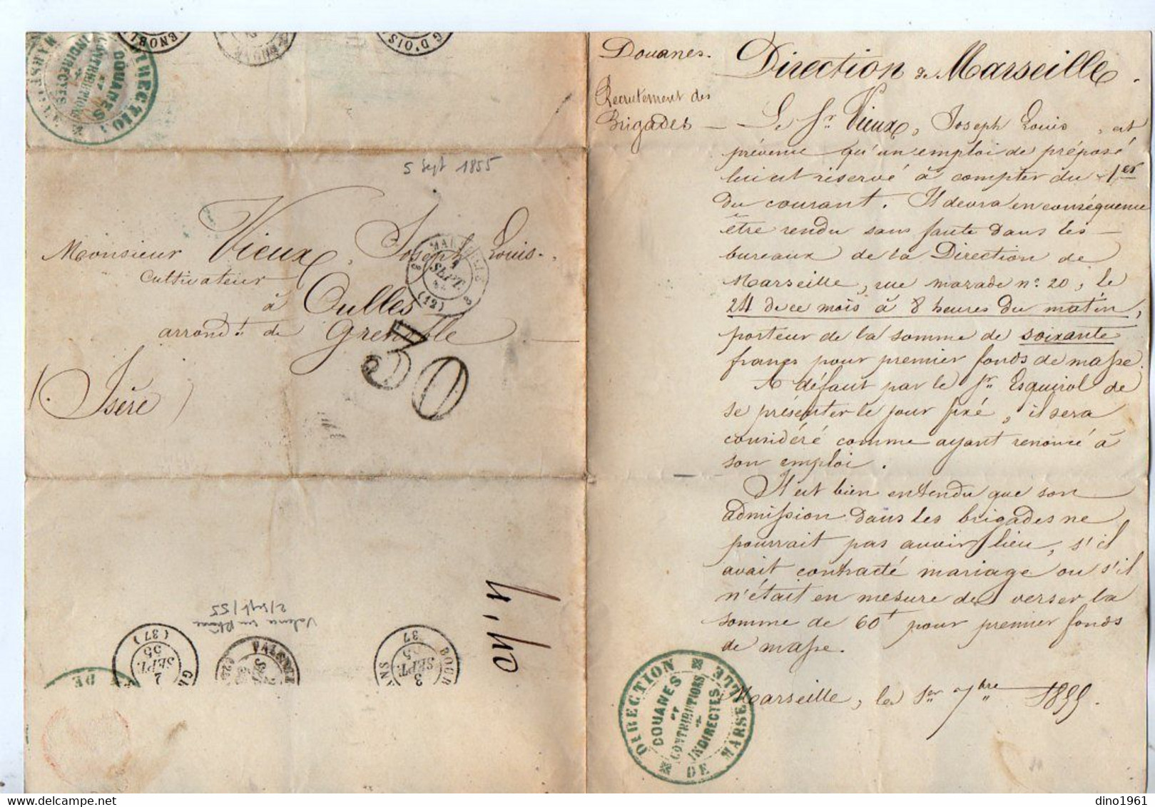 TB 3137 - 1855 - Lettre Taxée 30 Cts De La Direction Des Douanes De MARSEILLE Pour OULLES - 1859-1959 Brieven & Documenten