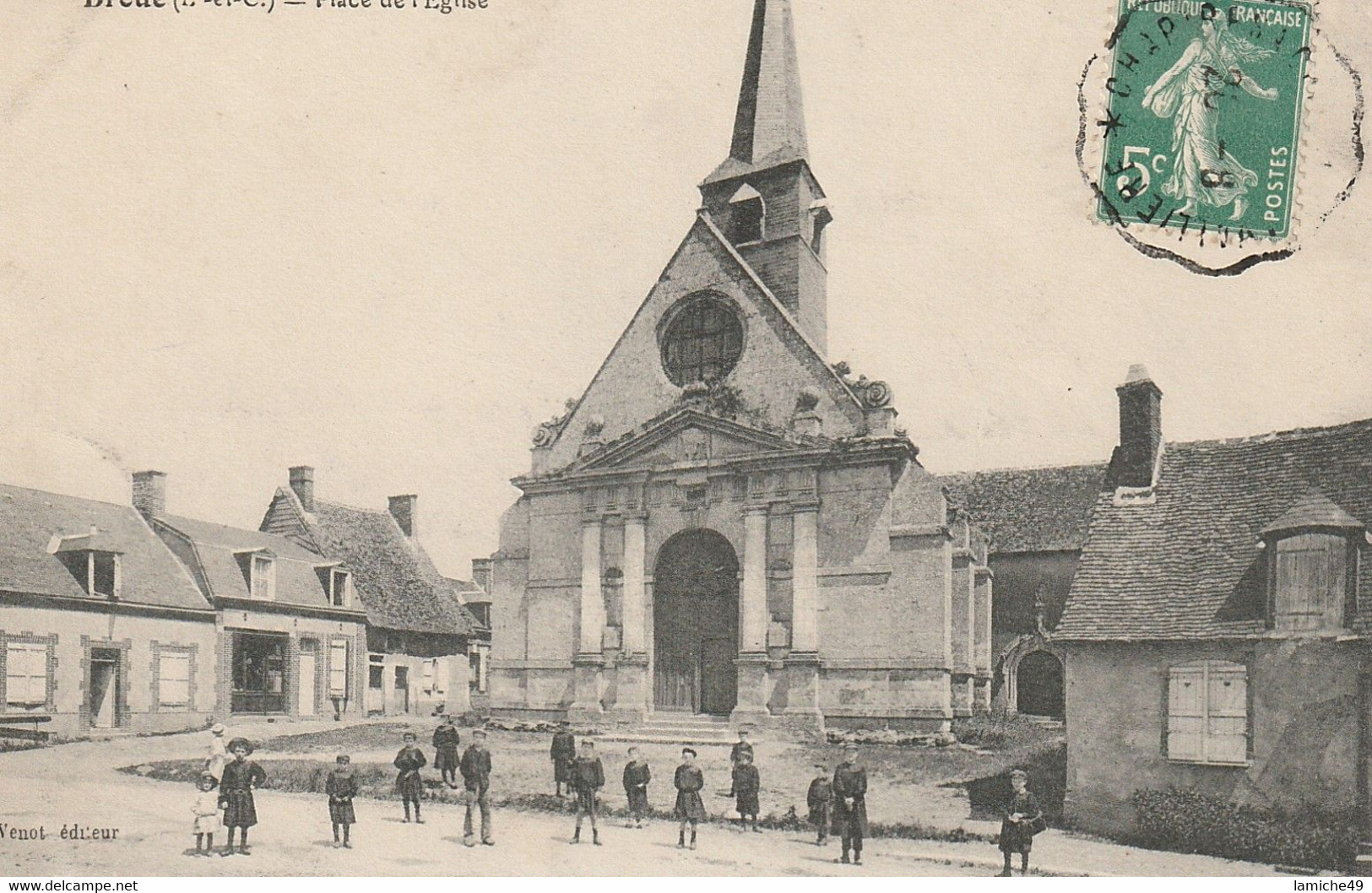 Droué Enfants Sur La Place De L`Eglise Timbre Semeuse 5c - Droue