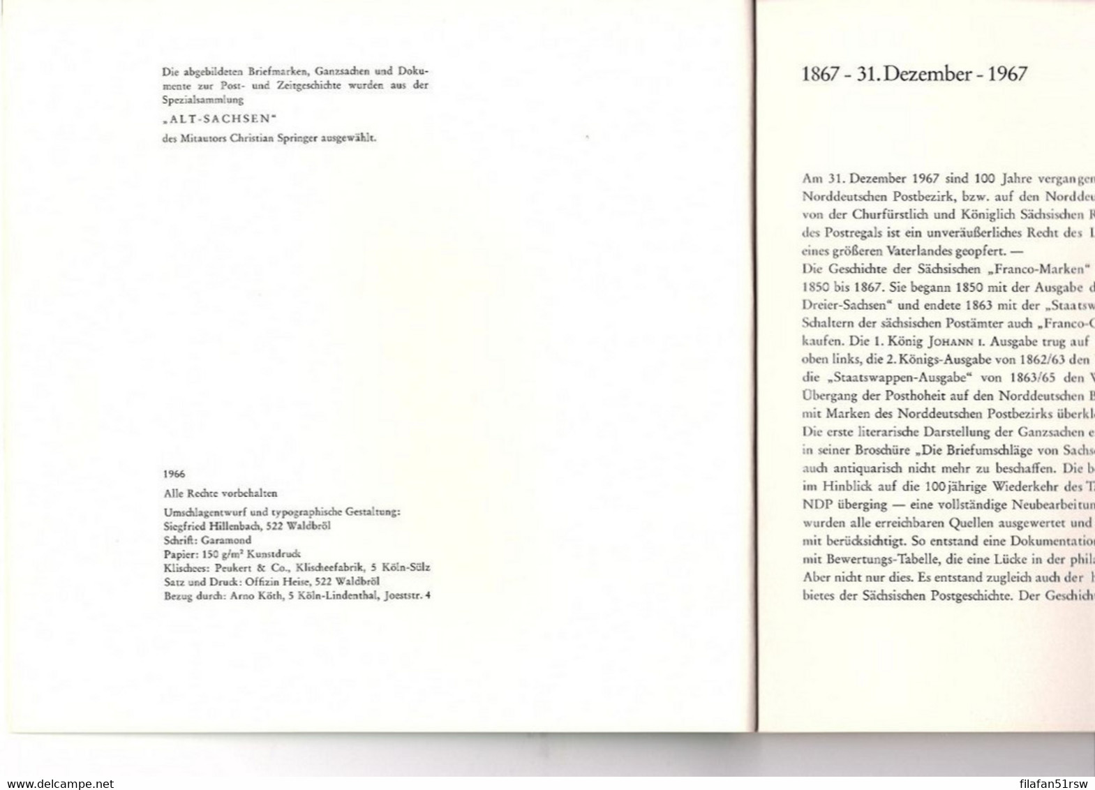 Die Franco-Couverts Der Königlich Sächsischen Post, Arno Köth Und Christian Springer, Eigenverlag Arno Köth Köln, 1966, - Filatelia E Storia Postale