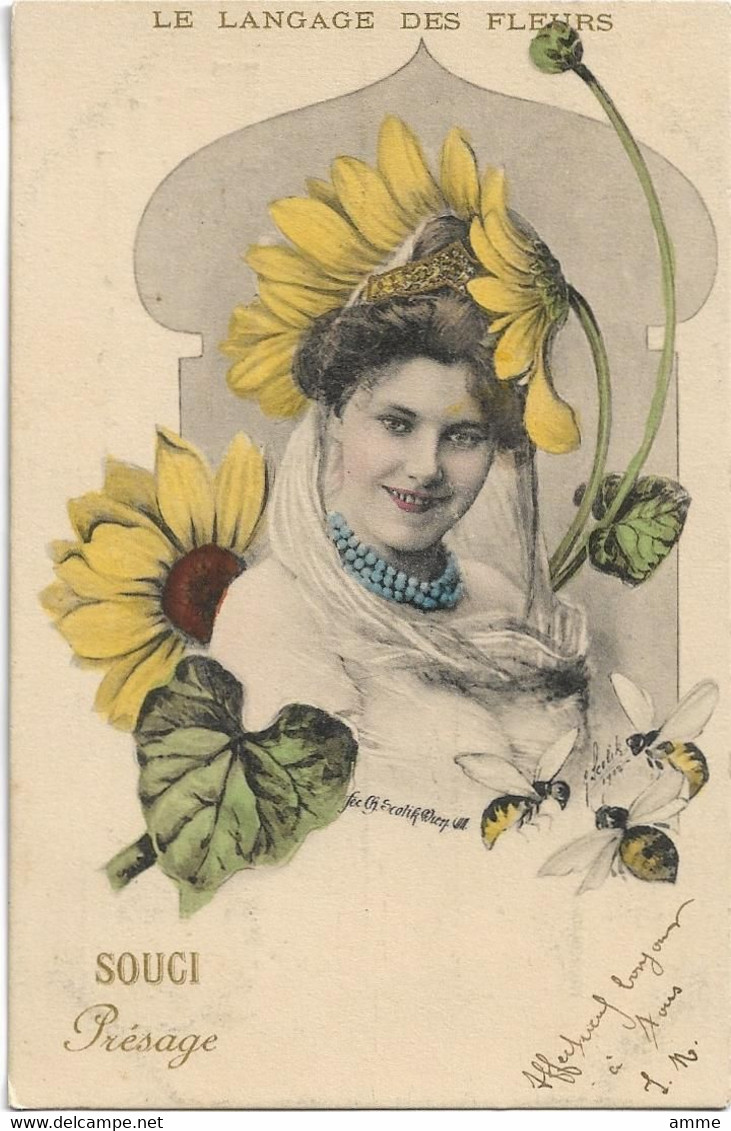 Vintage Postcard Charles Scolik  *  Le Langage Des Fleurs -Souci - Présage (Illustrateur)  Femme - Scolik, Charles