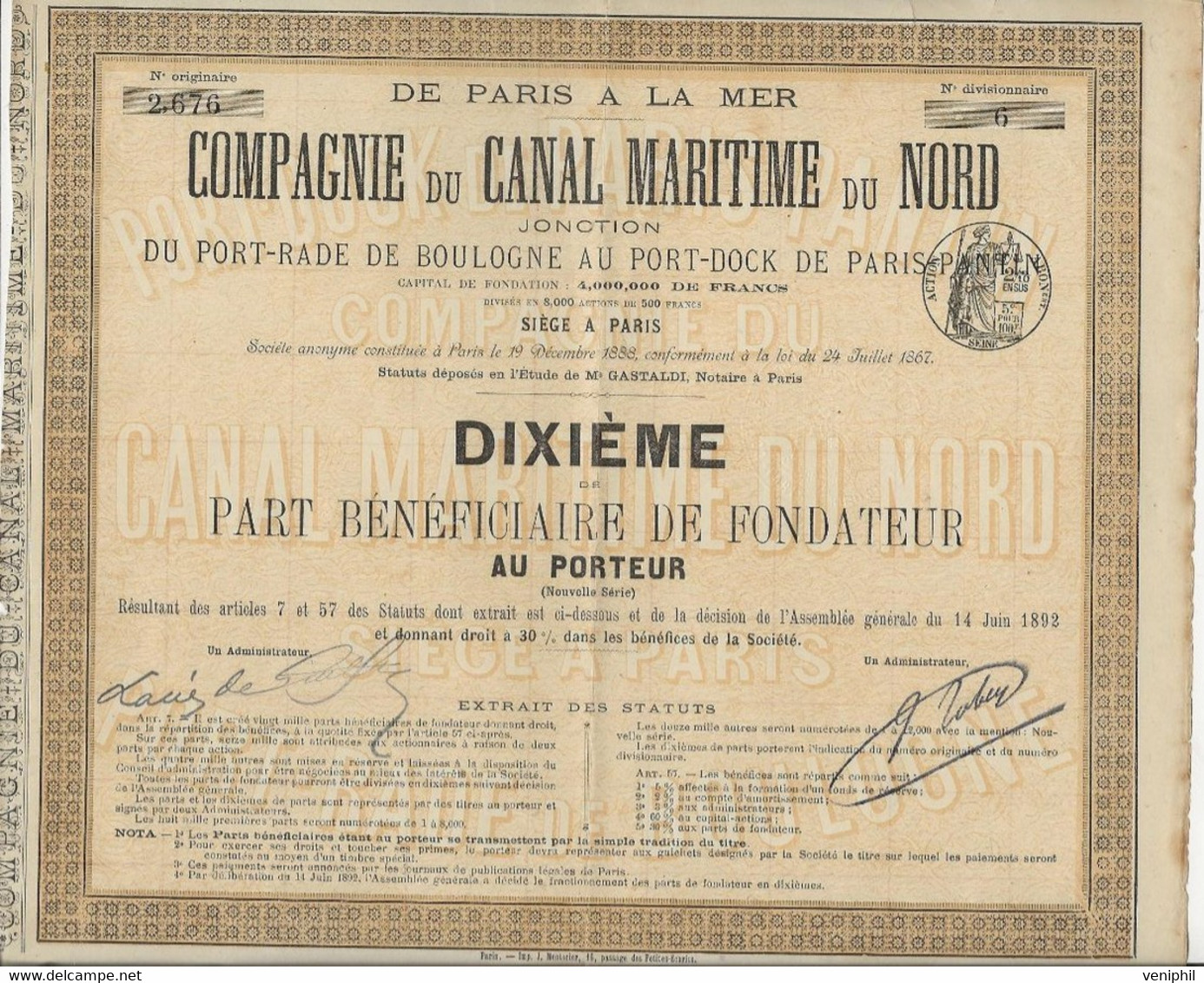 COMPAGNIE DU CANAL MARITIME DU NORD - DIXIEME PART BENEFICIAIRE DE FONDATEUR  -ANNEE 1892 - Navigation