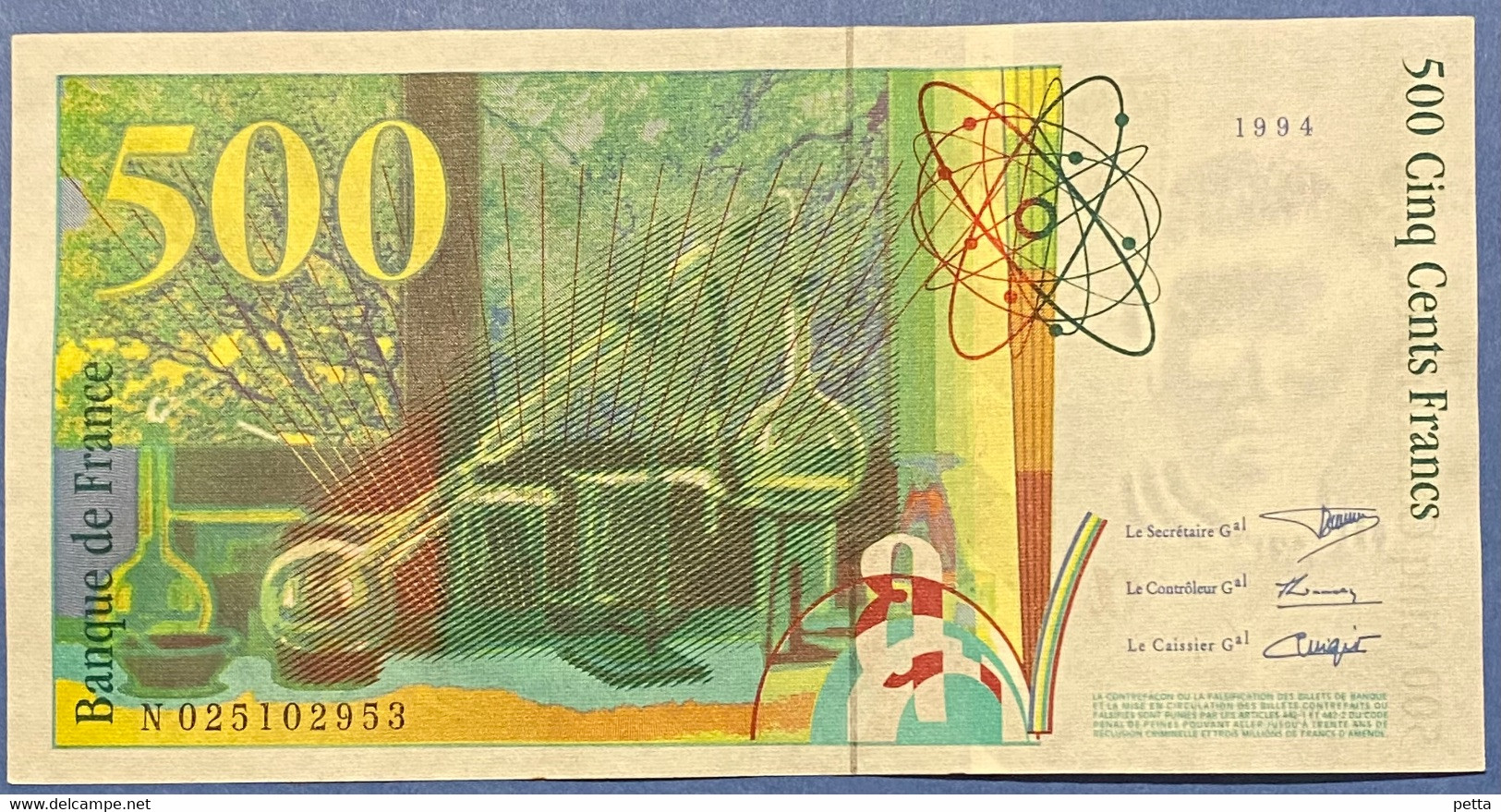 Billet De 500 Francs Pierre Et Marie Curie 1994 / N 025102953 / Vendu En L’état - 500 F 1994-2000 ''Pierre En Marie Curie''