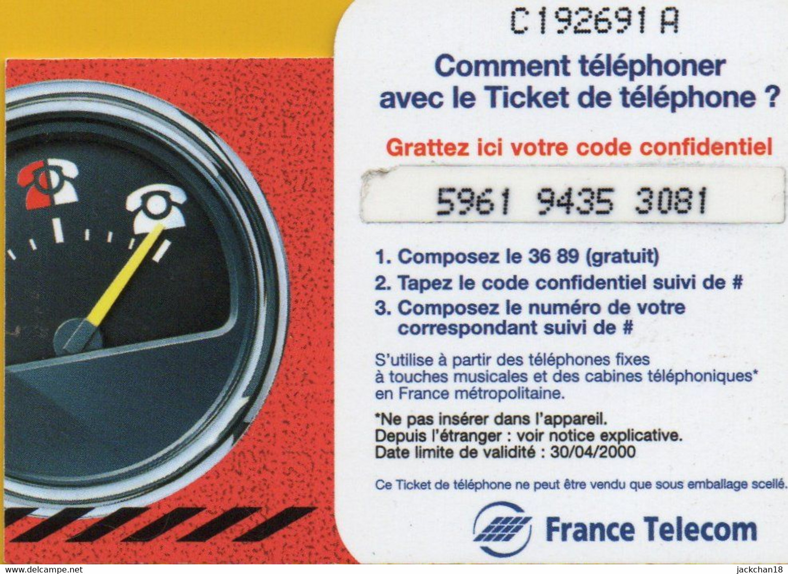 -- TELECARTE PREPAYEE / LE TICKET DE TELEPHONE  100F  -- - Tickets FT