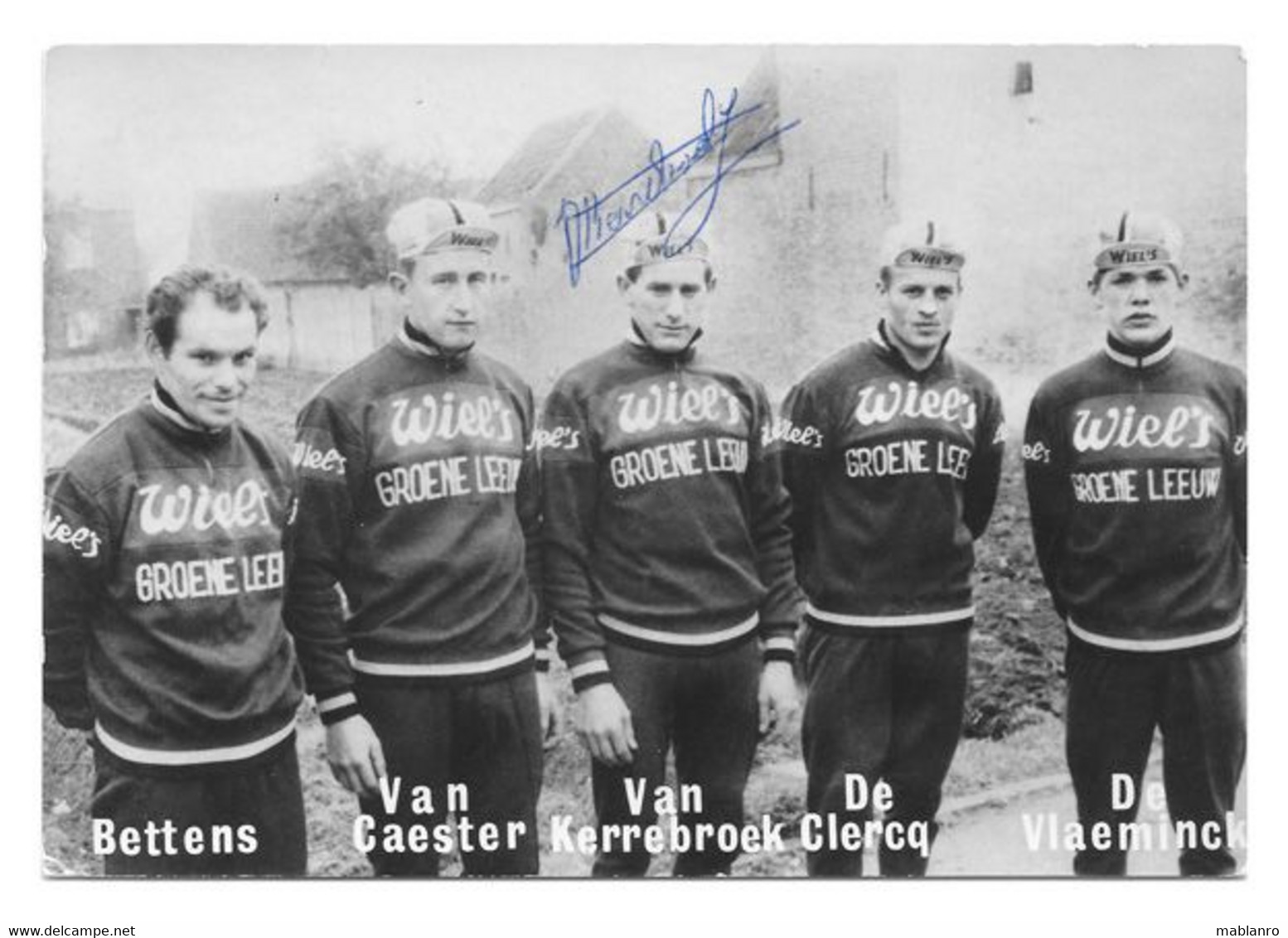 CARTE CYCLISME 5 COUREURS SIGNEE VAN KERREBROECK TEAM WIELS 1966 - Cycling