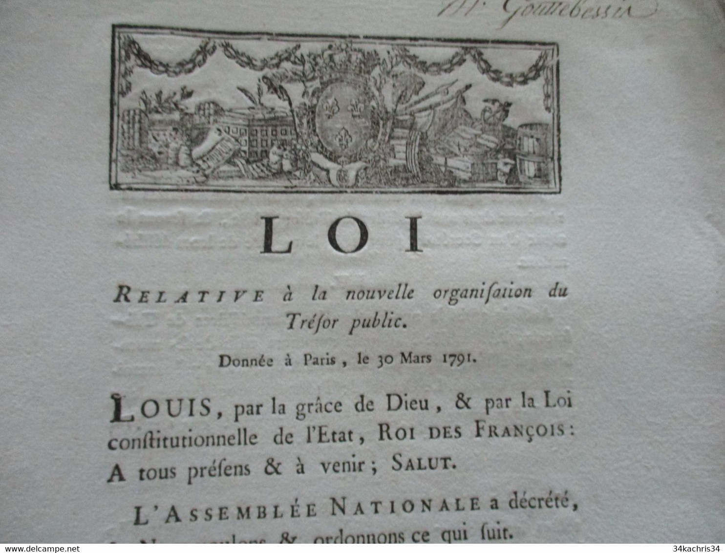 Révolution Loi 30 Mars 1791  Relative à La Nouvelle Organisation Du Trésor Public - Wetten & Decreten