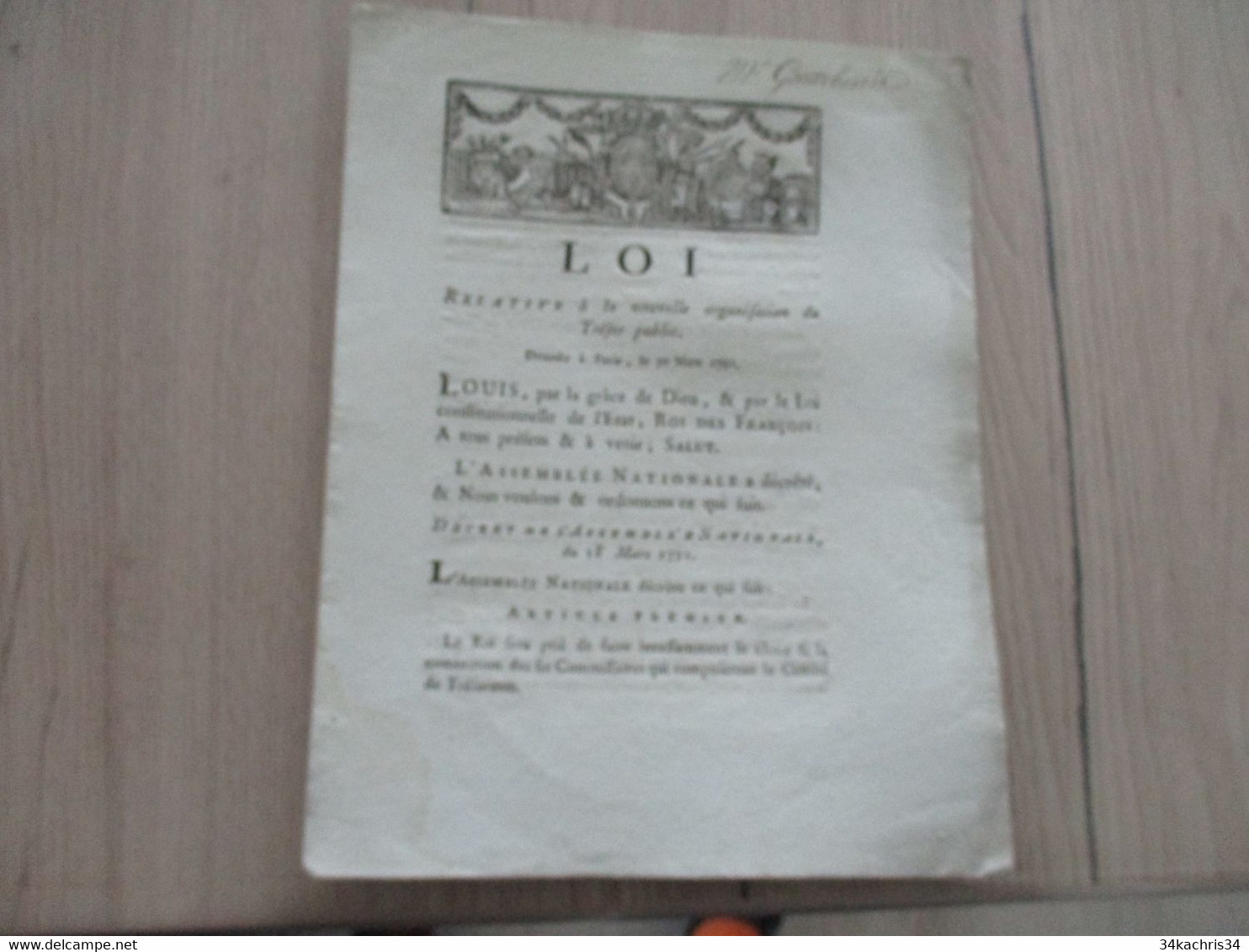 Révolution Loi 30 Mars 1791  Relative à La Nouvelle Organisation Du Trésor Public - Wetten & Decreten