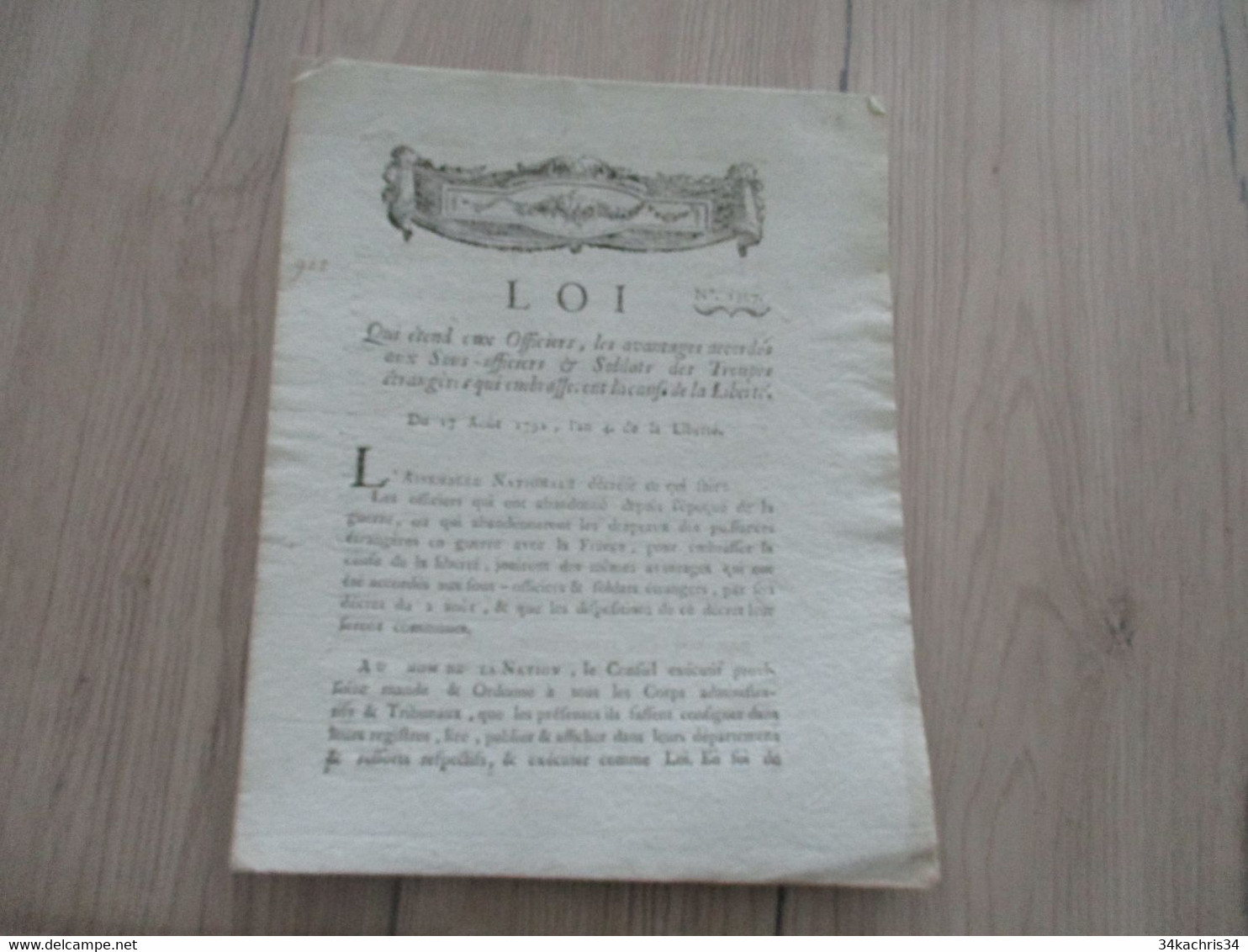 Révolution Loi 17 Aout 1792 Avantages Aux Officiers Des Troupes étrangères Qui Embrassent La Cause De La Liberté - Décrets & Lois