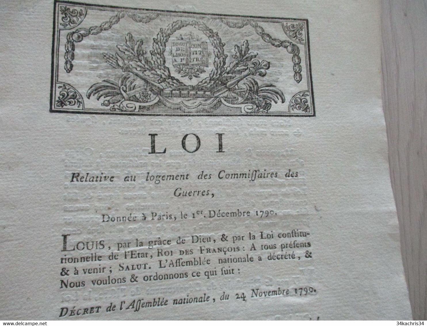 Révolution Loi 1er Décembre 1790 Relative Au Logement Des Commissaires Des Guerres - Decrees & Laws