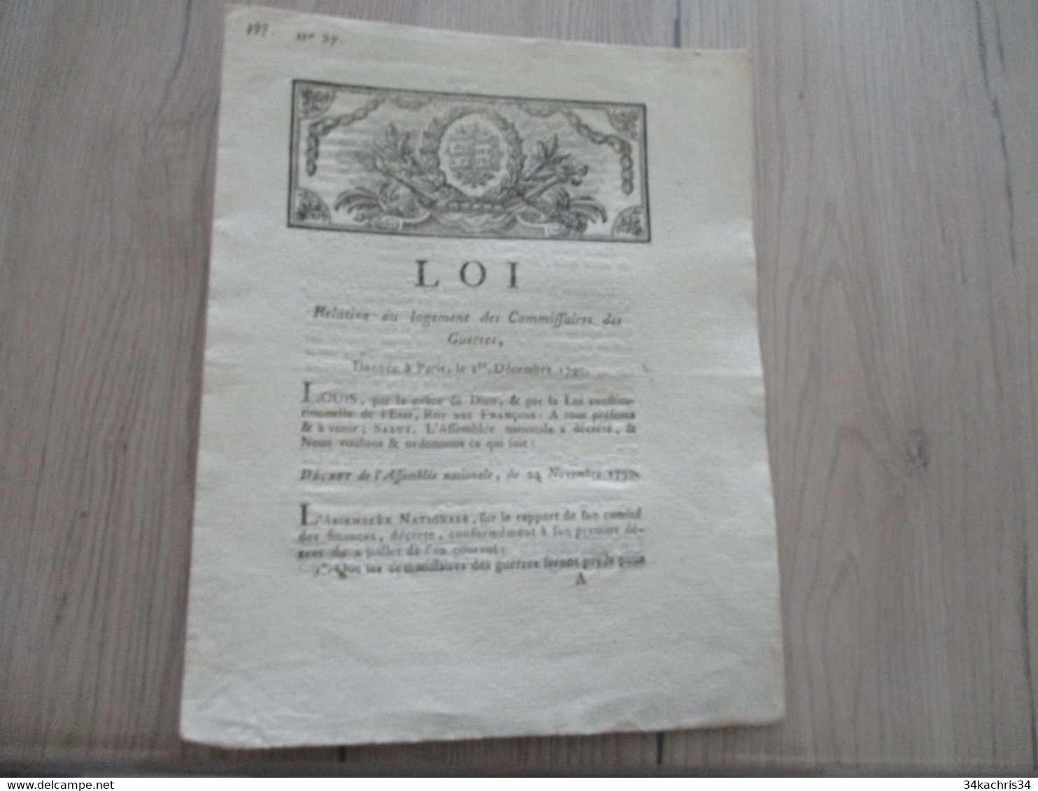 Révolution Loi 1er Décembre 1790 Relative Au Logement Des Commissaires Des Guerres - Décrets & Lois