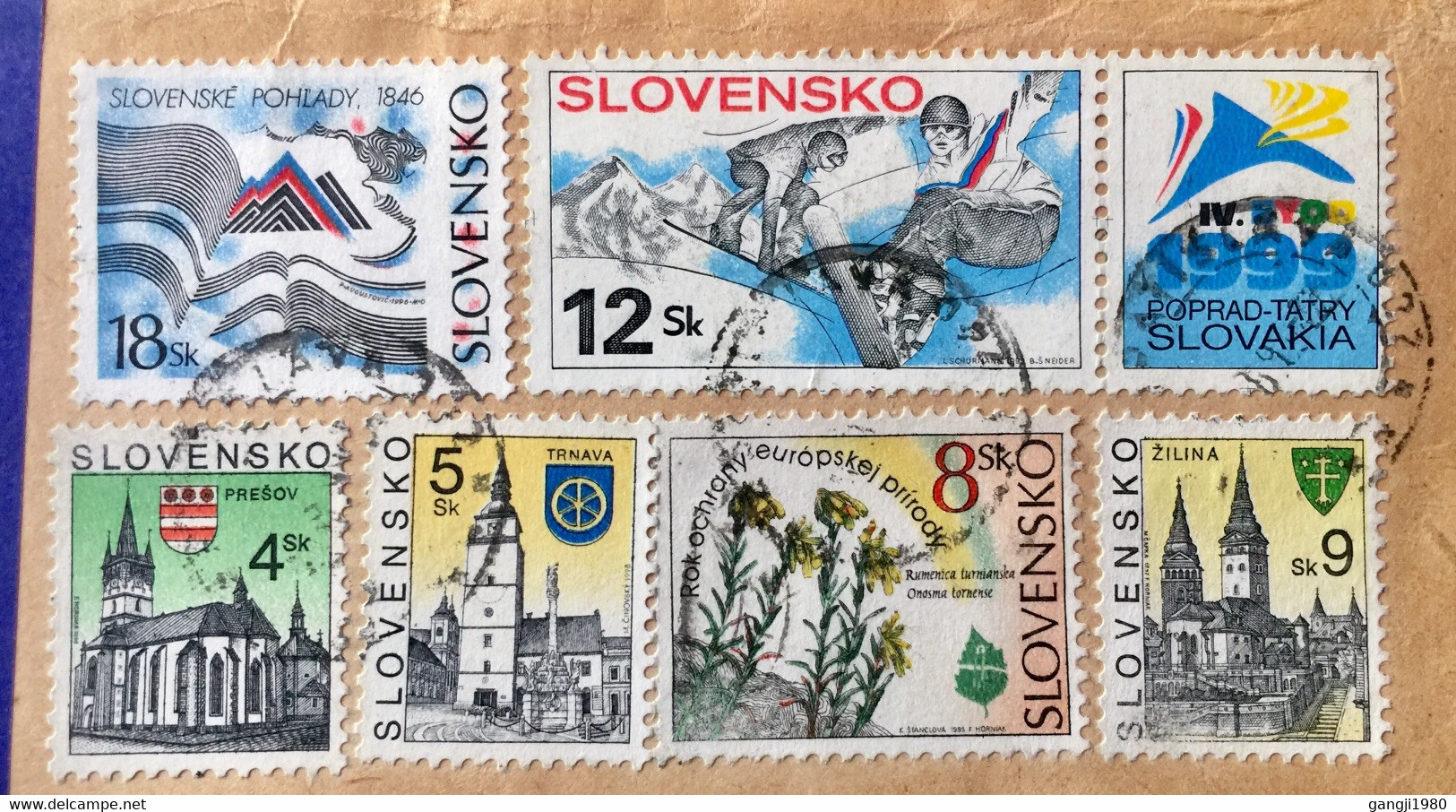 SLOVAKIA 1991, USED AIRMAIL BIGSIZE VIGNETTE LABEL  USED TO INDIA ICE 6 STAMPS SKI TATRA TAB ,ROHLADY ,PERSOV ,TRNAVA , - Covers & Documents