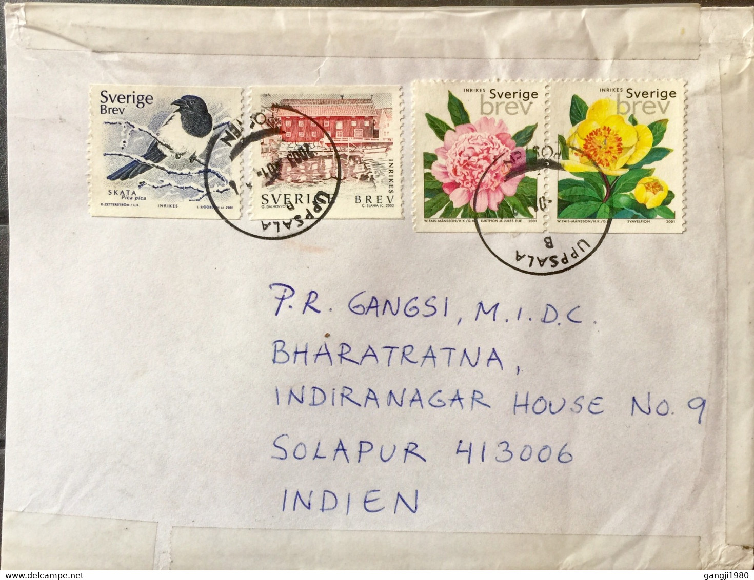 SWEDEN 2003,USED COVER TO INDIA,4 STAMPS ,BIRD, BUILDING,ARCHITECTURE,FLOWERS, UPPSALA POST CANCELLATION - Briefe U. Dokumente