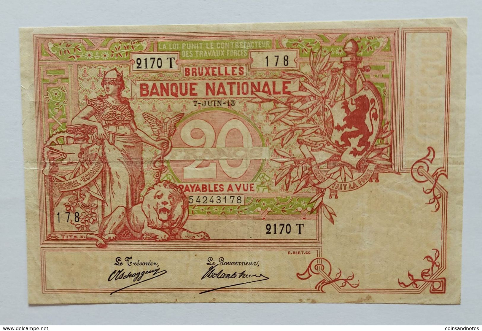 Belgium 1913 - 20Fr Biljet Type “1894 Vermiljoen" - Morin 21a - Pr+ - 5-10-20-25 Francs