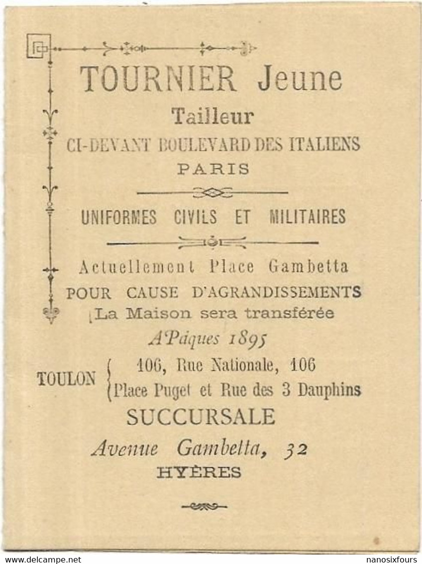 CALENDRIERS AN 1895. DIM 80 X 60.  TAILLEUR TOURNIER JEUNE SUCCURSALE TOULON HYERES - Petit Format : 1921-40