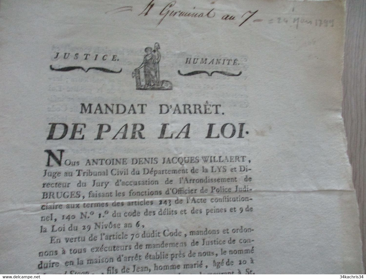 Mandat D'Arrêt De Par La Loi Département De La Lys  Bruges Révolution - Decrees & Laws